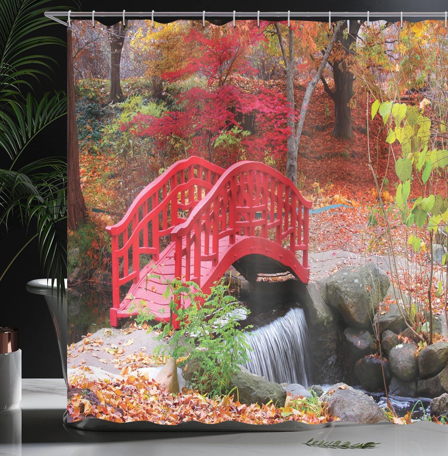 Ambesonne Japanese Shower Curtain, Garden with Oak Colored Little Bridge Nature in November October Fall, Cloth Fabric Bathroom Decor Set with Hooks, 69" W x 75" L, Orange Red