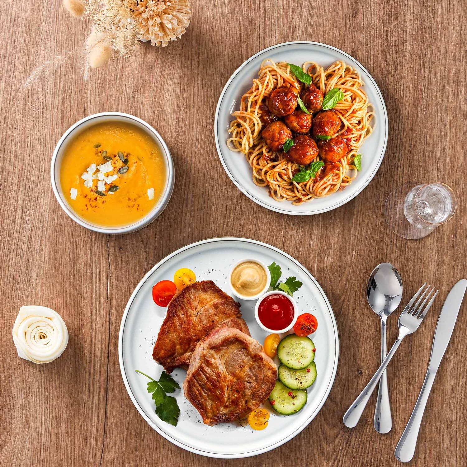 LIANYU Mixing Bowls with Airtight Lids Sets, 18 Piece Dinnerware Sets for 6, 3 Packs Stainless Steel Bowls & Stoneware Dinner Plates and Bowls Set with Rustic Terracotta Bottom, Dishwasher Safe