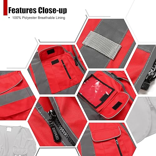 Miniatura 4 de HATAUNKI Chalecos de seguridad retro clase 2 con 9 bolsillos y cremallera frontal ANSIISEA 107-2015 (rojo-3, 4XL)