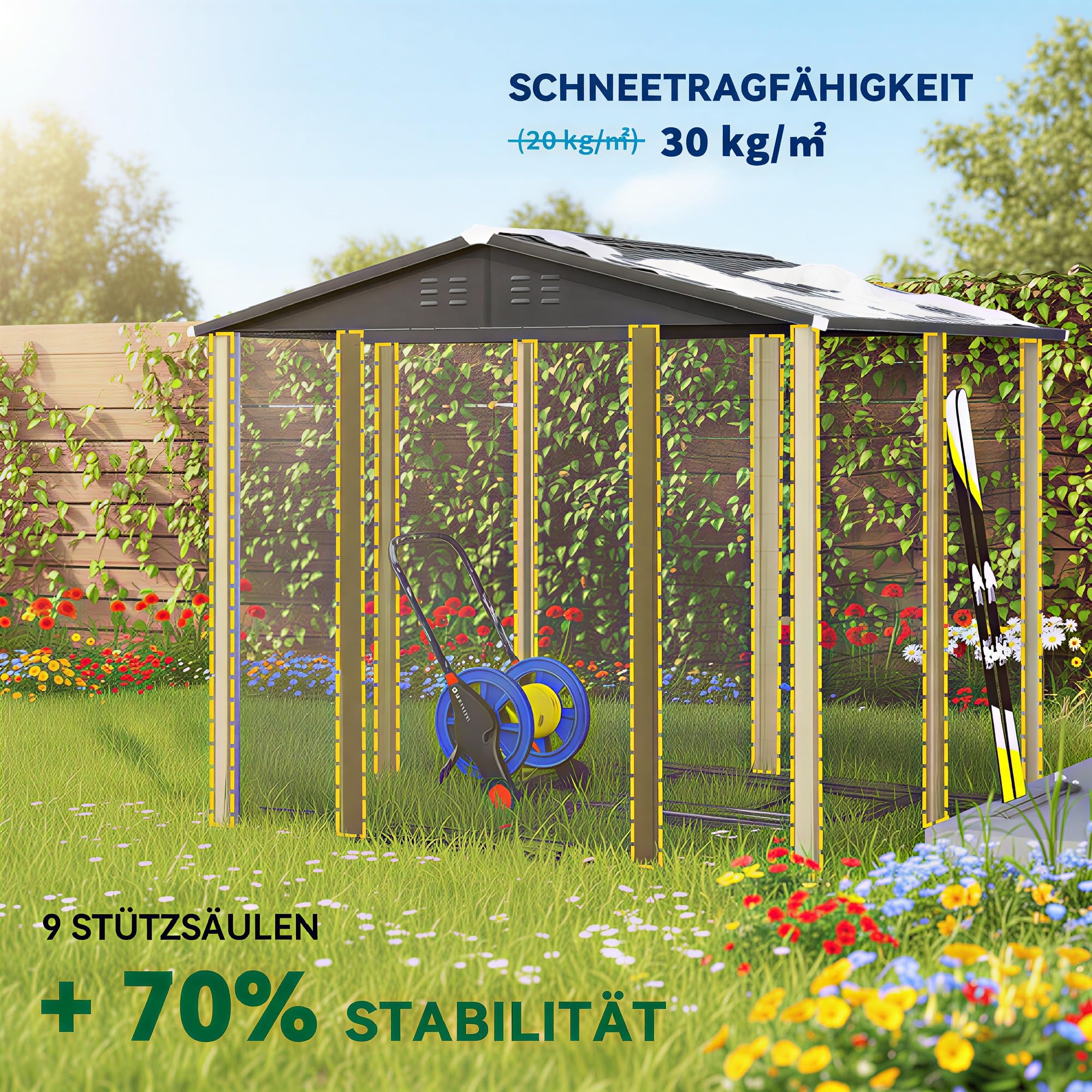 Outsunny Gerätehaus 4,4 m², Gartenhaus mit Pultdach, Schiebetür, Fundament, 240 x 206 x 198 cm, Verzinkter Stahl, wetterfest