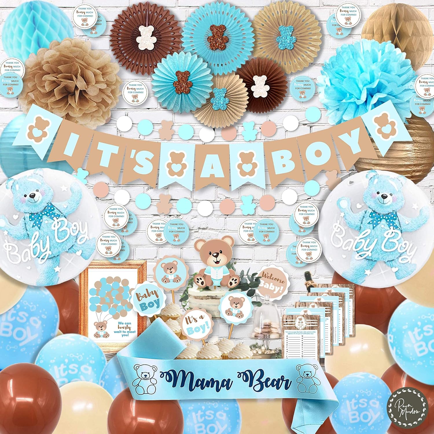 323 Pc Teddy Bear Baby Shower Decorations for Boy Kit Blue