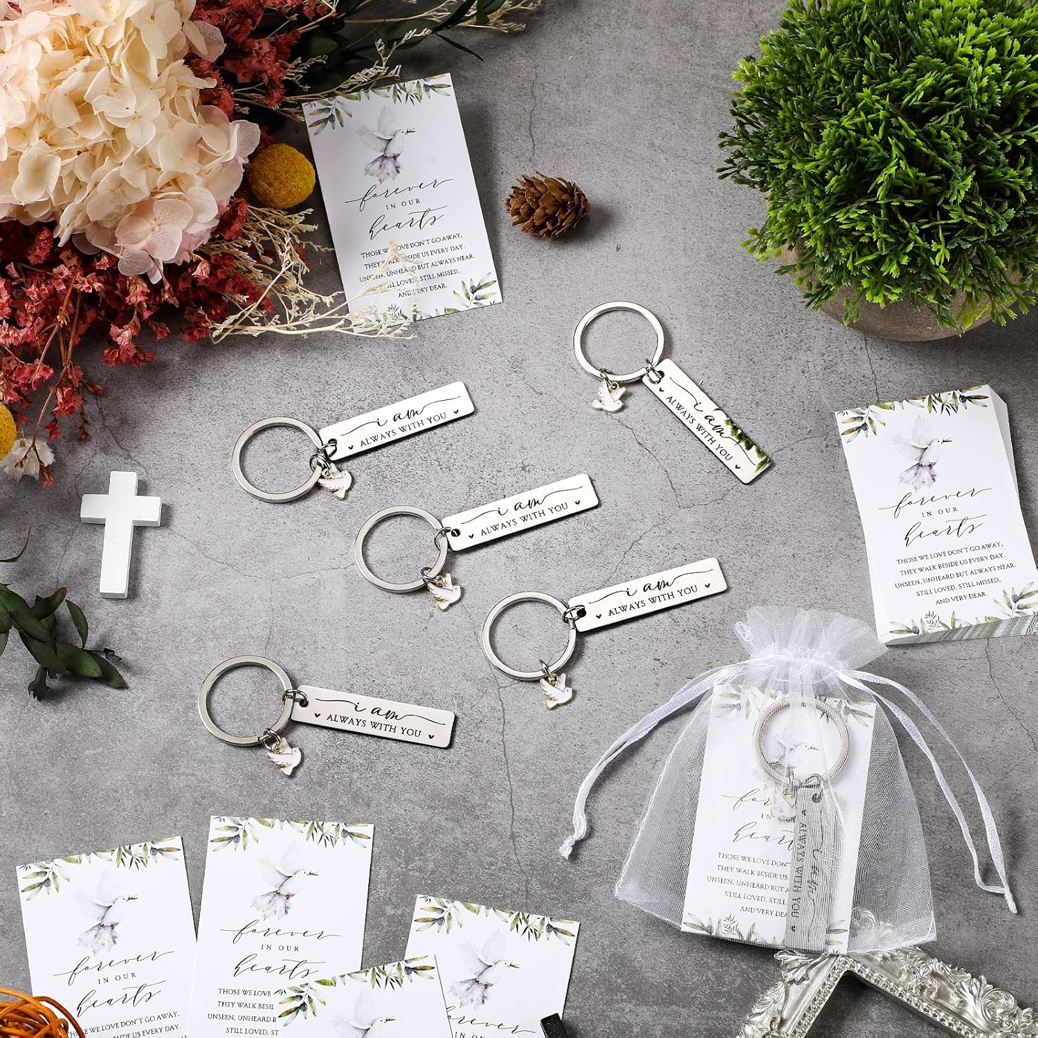 Landical Dove Funeral Favor, Dove Celebration of Life Favors for Memorial, Stainless Steel Keychains with Card, Organza Bag
