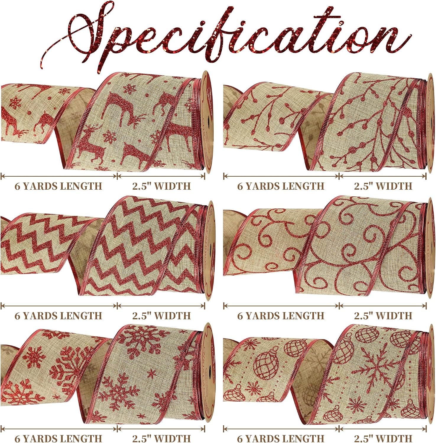 MEEDEE Christmas Ribbon Set 2.5 Inch, 6 Rolls 36 Yards, Wired Burlap and Red Glitter Ribbon for Tree Decorations, Wreath Bows, Garland Decor