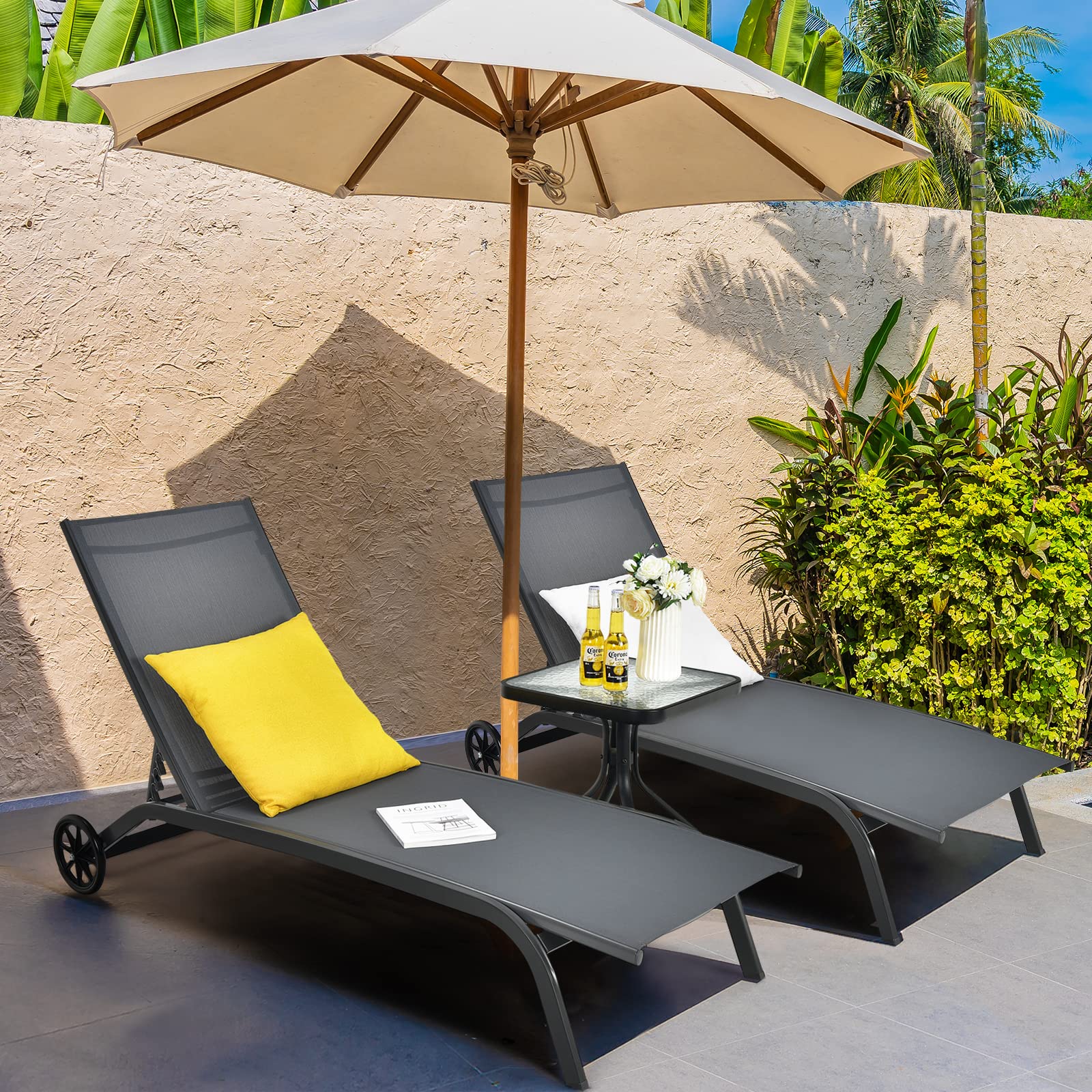 KOMFOTTEU Chaise Longue avec roulettes, Transat de Jardin, Dossier réglable à 6 Positions, Charge 150 kg, Chaise Longue d'Extérieur Mobile, pour Balcon, Terresse, Picine, 190,5 x 61 x 34 cm (Gris)