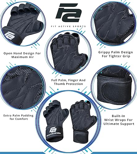 Vista 5 de Fit Active Sports New Ventilated Weight Lifting Workout Gloves with Built-in Wrist Wraps for Men and Women - Great for Gym Fitness, Cross Training