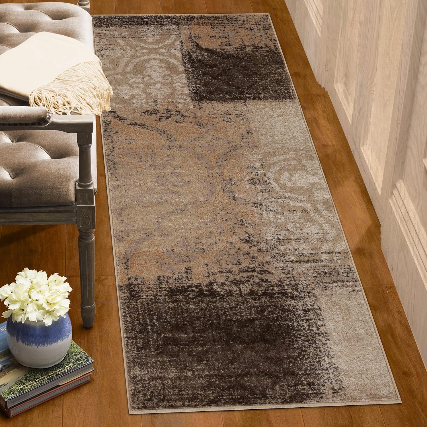 Superior Indoor Runner Rug, Jute Backing, Plush Geometric Rugs for Hallway, Living Room, Kitchen Floors, Bedroom Floor Cover, Floral Patchwork Rugs, Bristol Collection, 2' 7" x 10', Beige/Camel Beige-camel - Z 2'8" x 10' (Runner)