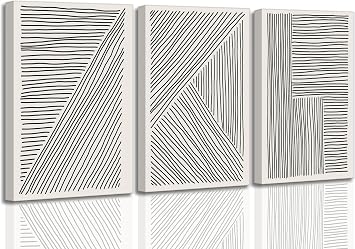 3 Pieces Minimalism Abstract Boho Lines Canvas Wall Art Modern Black and White Neutral Bohemia Geometric Pictures Wall Decor Posters Print Artwork for Living Room Bedroom Office Home Decoration