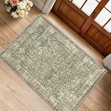 XSIVOD Washable Small Rug, Vintage Non Slip Door Mat, 60x90cm, Green | Low Pile Boho Rug, Floral Farmhouse, Rubber Backing, Stain & Fade Resistant, for Entryway Kitchen Bathroom Indoor Entrance
