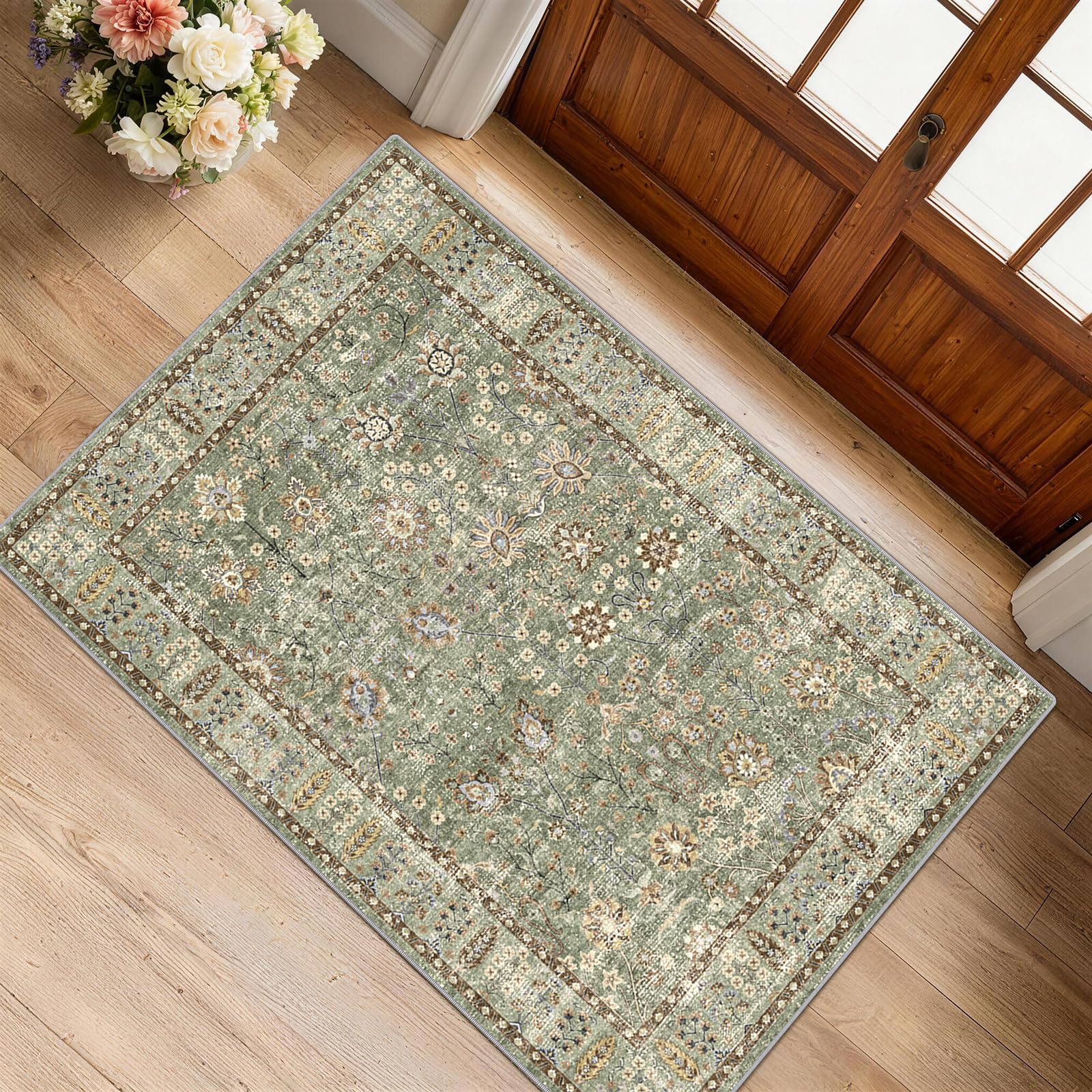 XSIVOD Green Washable Entryway Rug Indoor Door Mat, Small Boho Area Rugs for Kitchen Bathroom, Low Pile & Non-Slip Vintage Rug for Front Door Entrance Welcome Mat, Modern Farmhouse Design, 60x90 cm