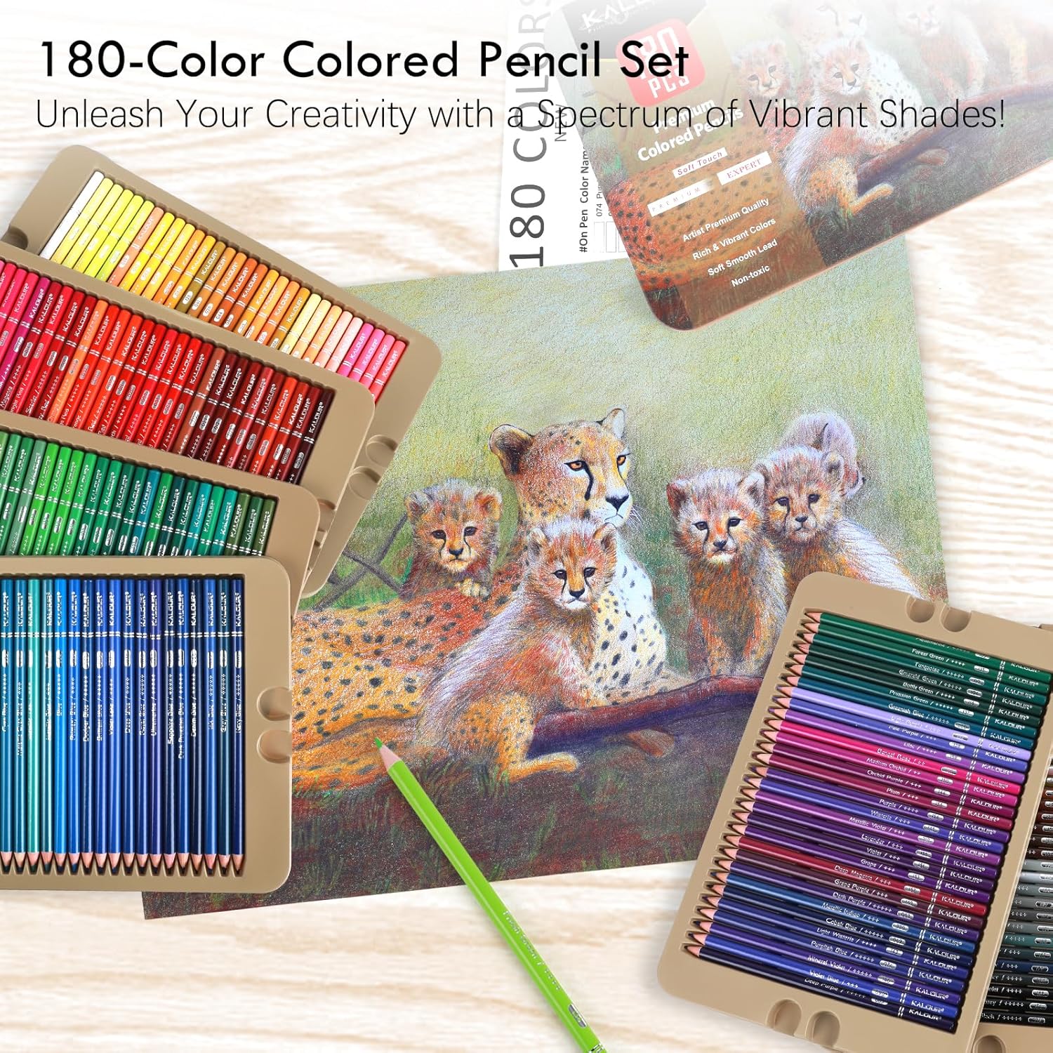 KALOUR PDAS 180 Colored Pencil Set for Adults & Artists, Rich Pigment Soft Core, 15 Metallic Pencils, 6 Neon Pencils, Ideal for Coloring Drawing Sketching Shading Blending, Vibrant Colors (Tin Case)