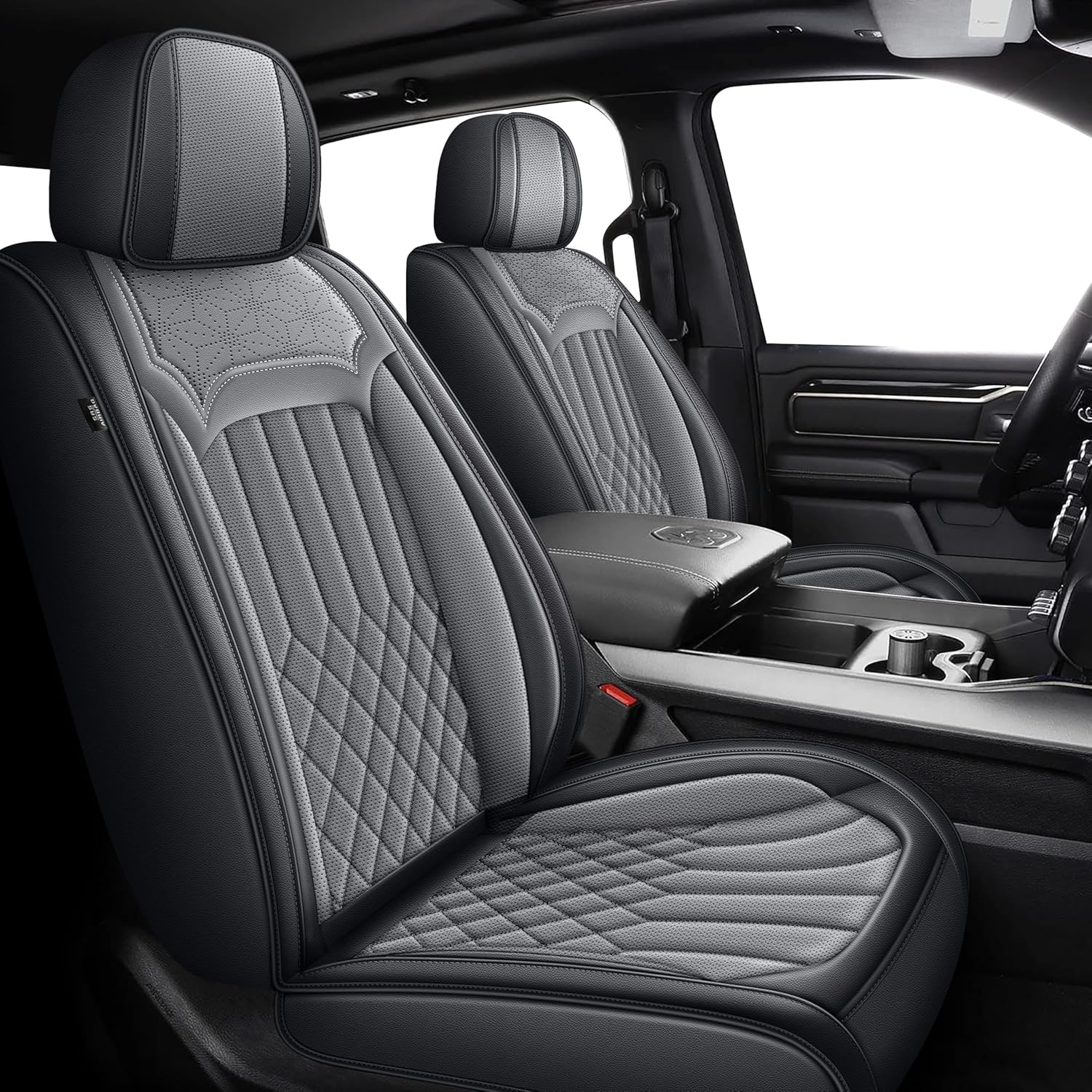 Seat Covers Fit for Dodge RAM 1500 2002-2024 2025 2026: Custom Fit RAM 1500 2500 3500 Car Seat Cover Truck Pickup Crew Double Quad Cab Faux Leather(Curved Bench, Full Set, Black&Grey)