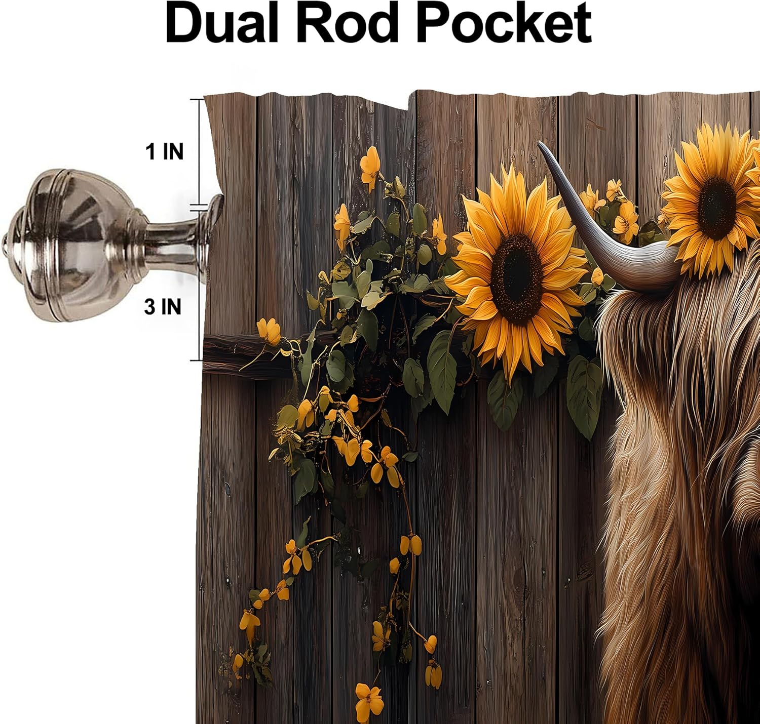 Highland Cow Sunflower Valances for Windows 2 Pack,Rod Pocket Valance Curtains,Small Window Treatment Valances for Kitchen Living Room,Bedroom,Bathroom,Home Decor,18x54 Inch,2 Panel