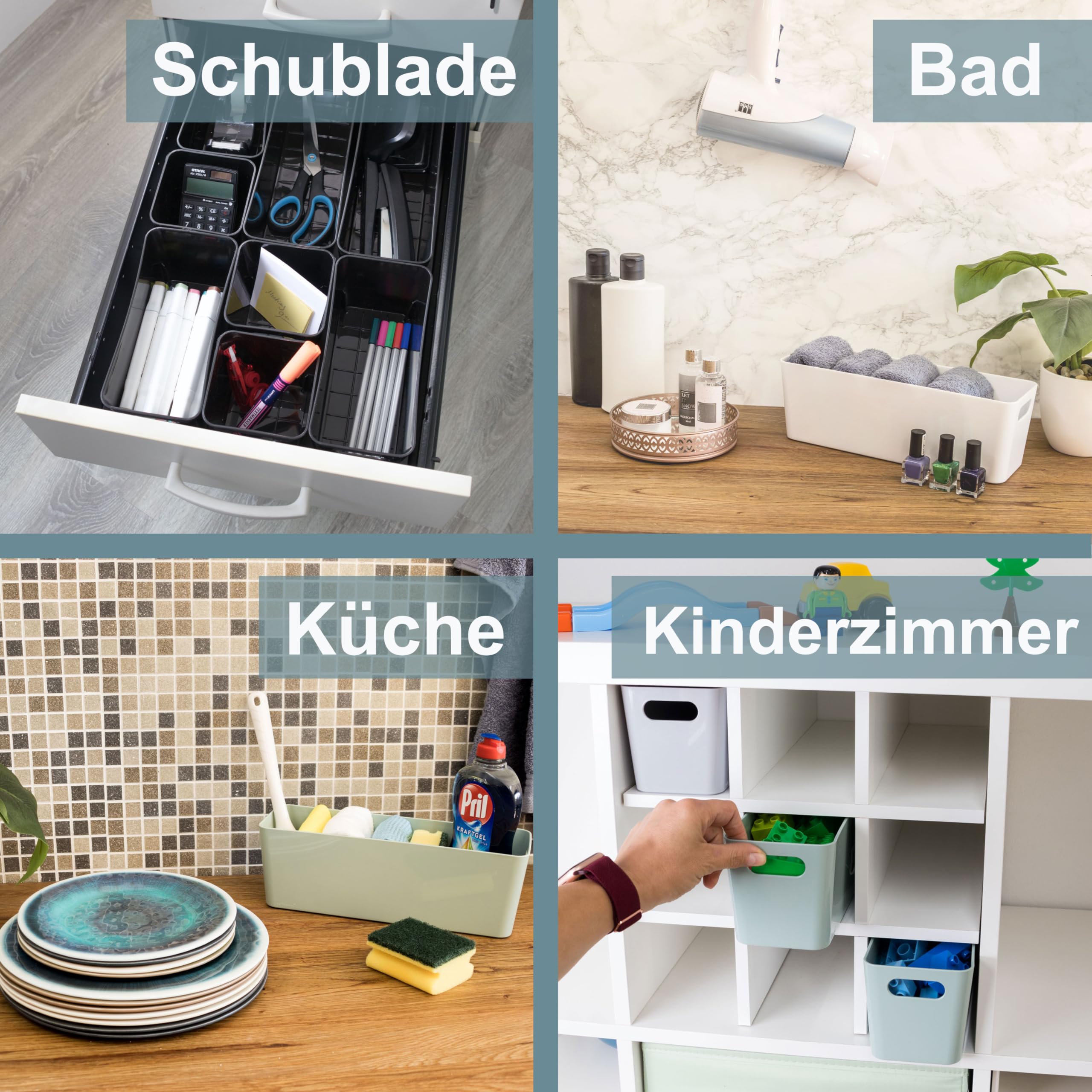 #11 3X Ordnungsbox - 10 cm hoch - schwarz - 30x10x10cm - 2 Liter - Ordnungskorb - Wandregal - Schubladenorganizer - schmaler Korb - Badezimmer