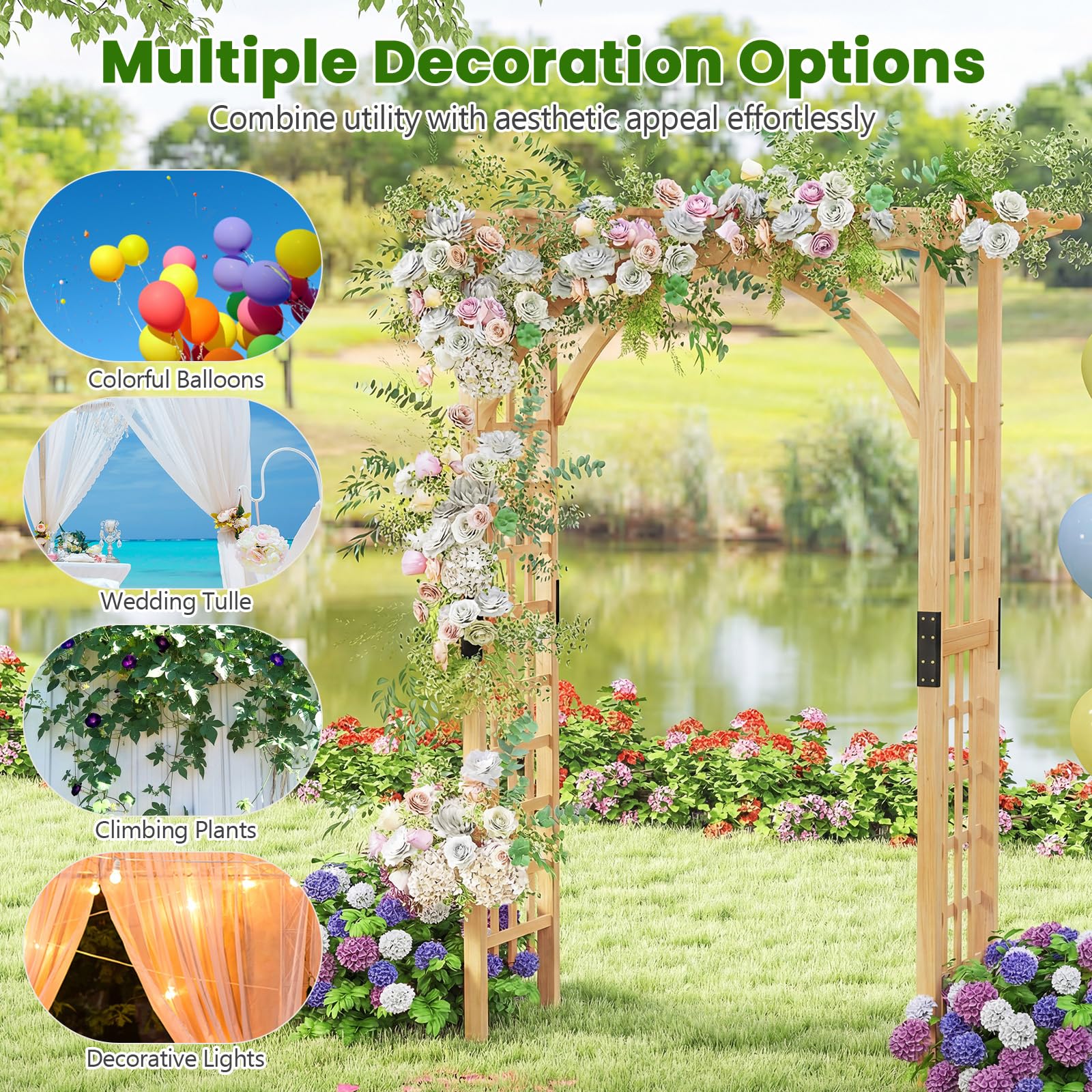 FANTASK Gartenbogen Holz, 160 x 60 x 213 cm, Rosenbogen mit Dach für Kletterpflanzen & hängende Körbe, Rankbogen Tannenholz, Rankgitter für Garten, Hochzeit, Party (Natur)