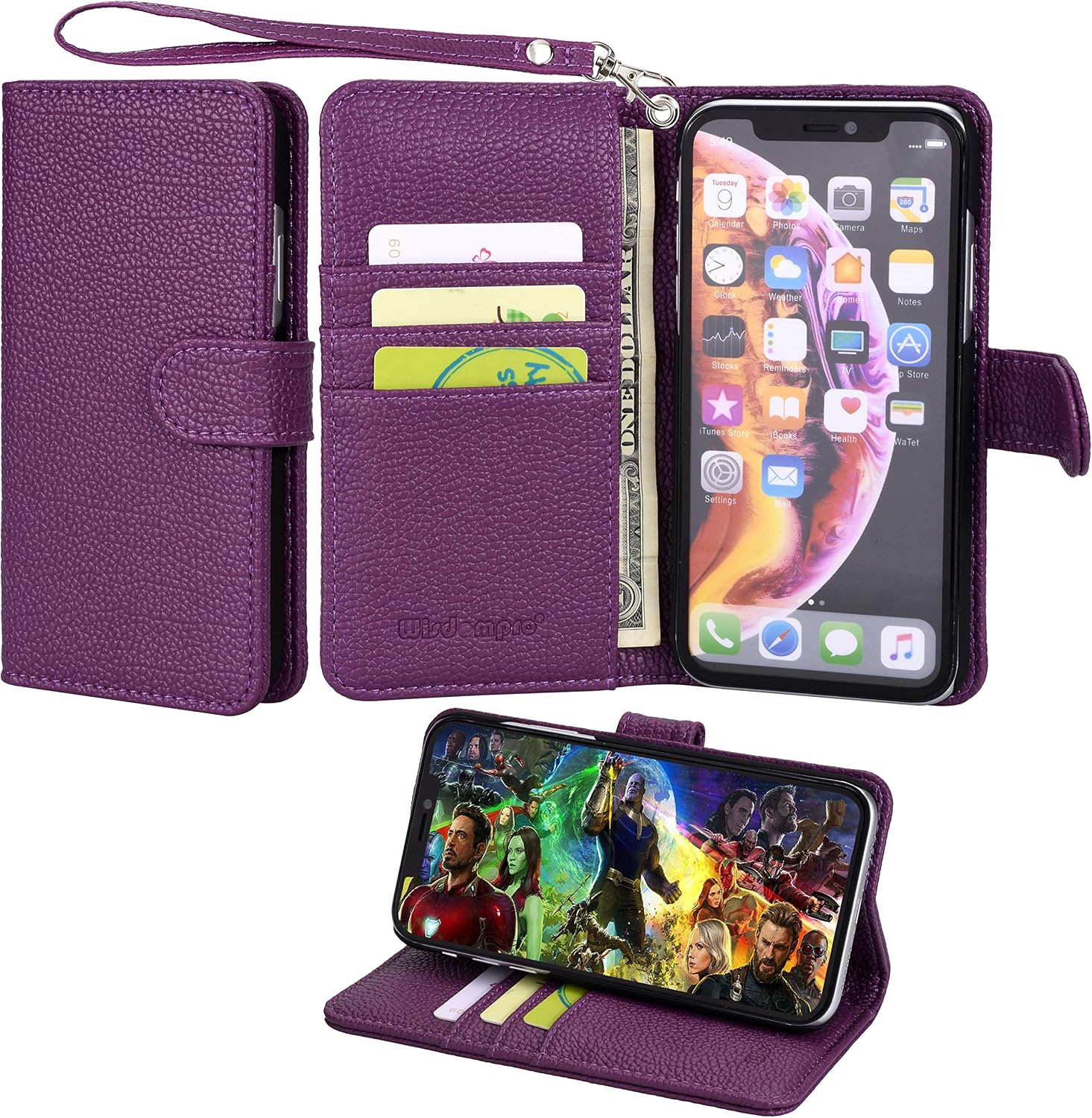 Wisdompro iPhone XR Case, Premium PU Leather 2-in-1 Protective Folio Flip Wallet Kickstand Case with Credit Card Holder Slots and Wrist Lanyard for Apple iPhone XR (Purple)