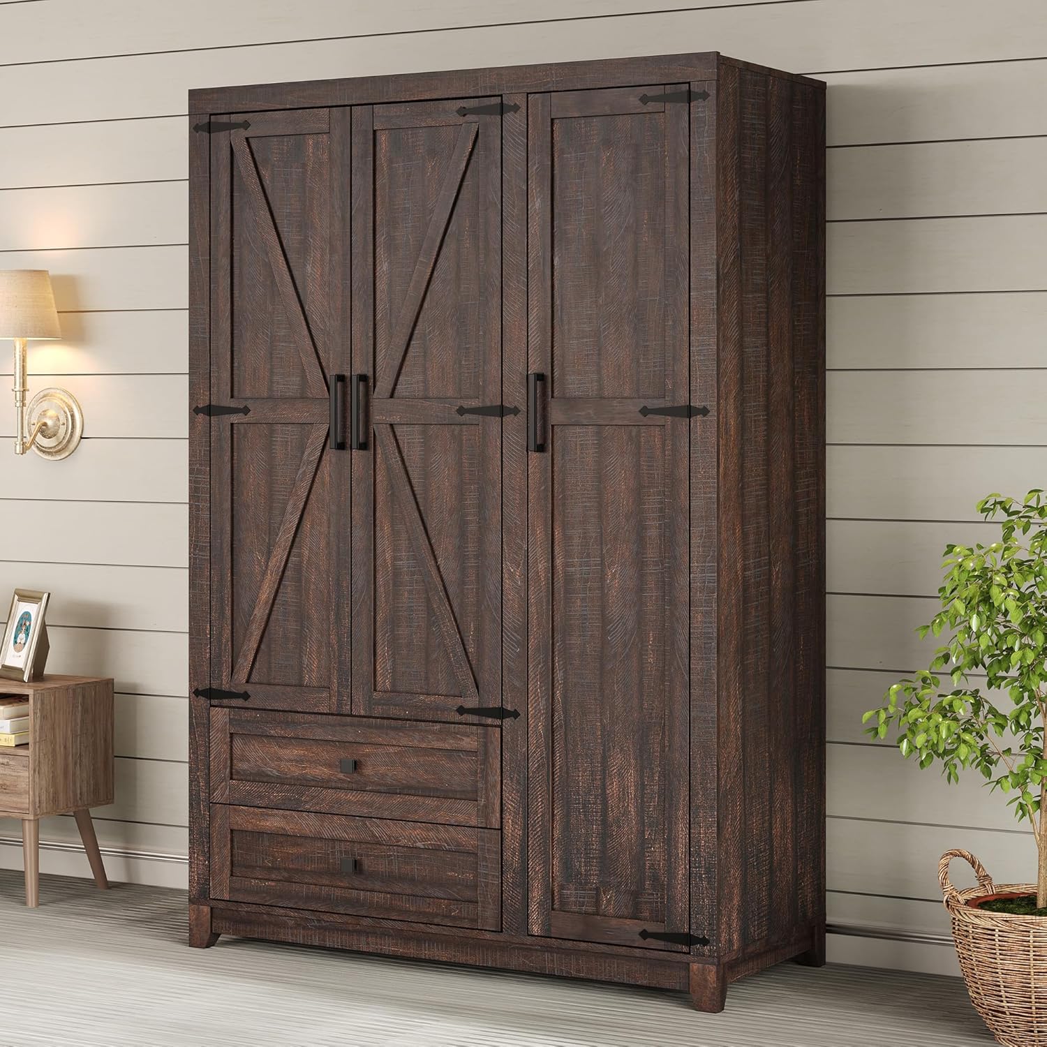 AMERLIFE Farmhouse 3-Door Wardrobe Armoire with 2 Drawers, Hanging Rod & Adjustable Shelves, 47" Barnwood Brown Bedroom Closet Organizer