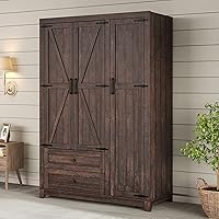 AMERLIFE Farmhouse 3-Door Wardrobe Armoire with 2 Drawers, Hanging Rod & Adjustable Shelves, 47" Barnwood Brown Bedroom Closet Organizer
