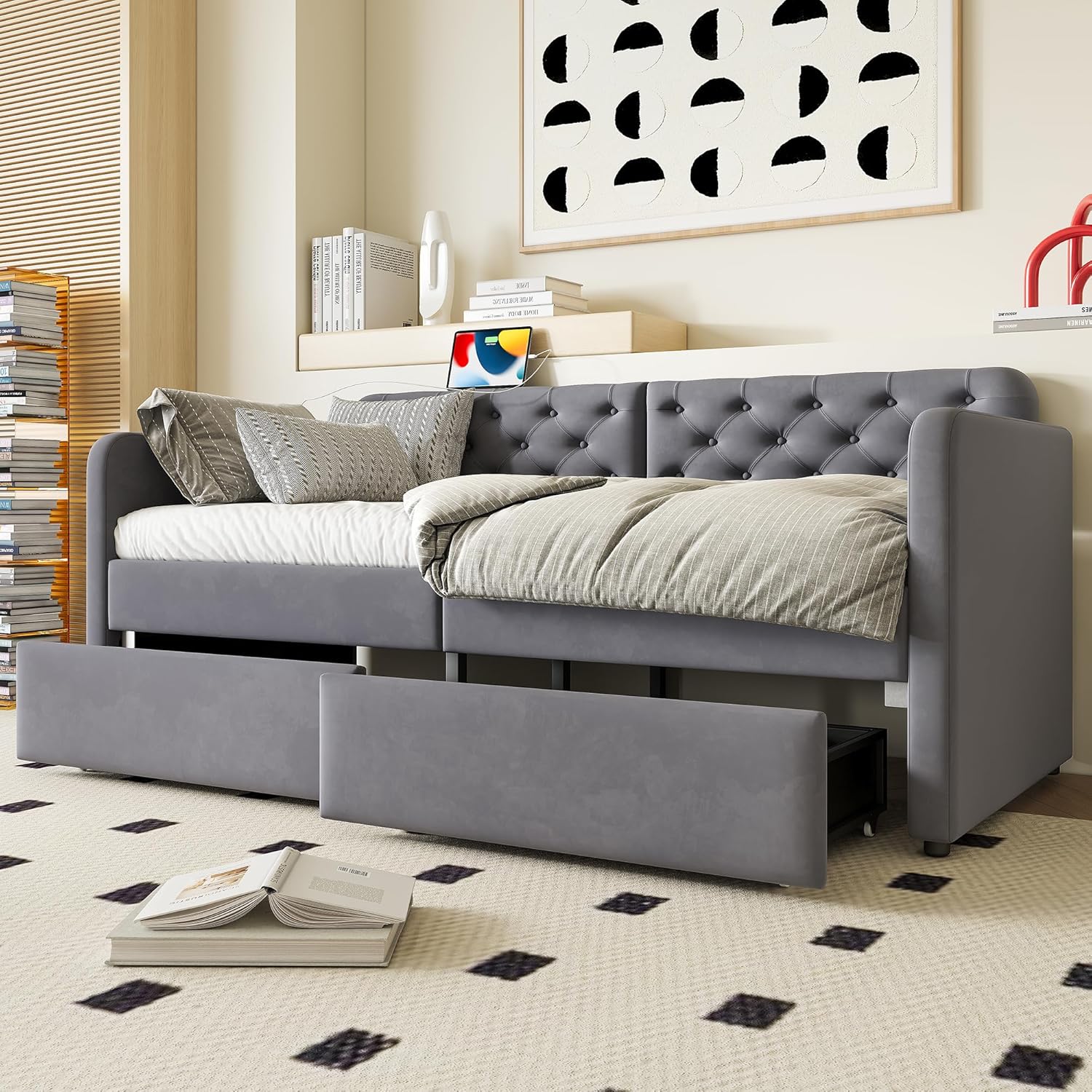 Bellemave Twin Upholstered daybed with 2 Drawers and USB Charging, Velvet Sofa Bed Twin Size, daybed with Trundle for Adults, Kids, Girls, Teens, for Living Room, Grey