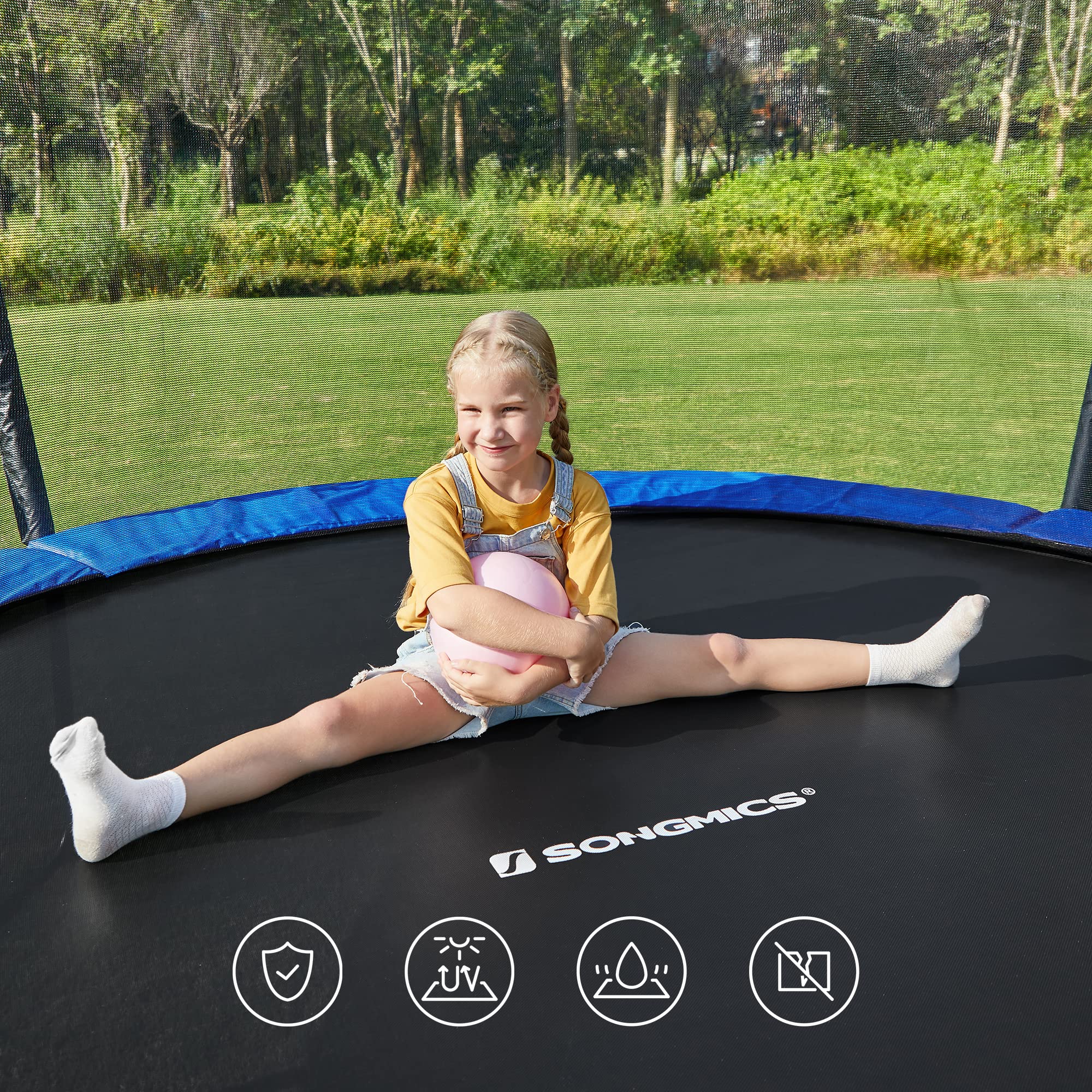 SONGMICS Cama Elástica, Redonda Cama Elástica de Jardín con Red de Seguridad Interior, Escalera, Postes Acolchados, para Niños y Adultos