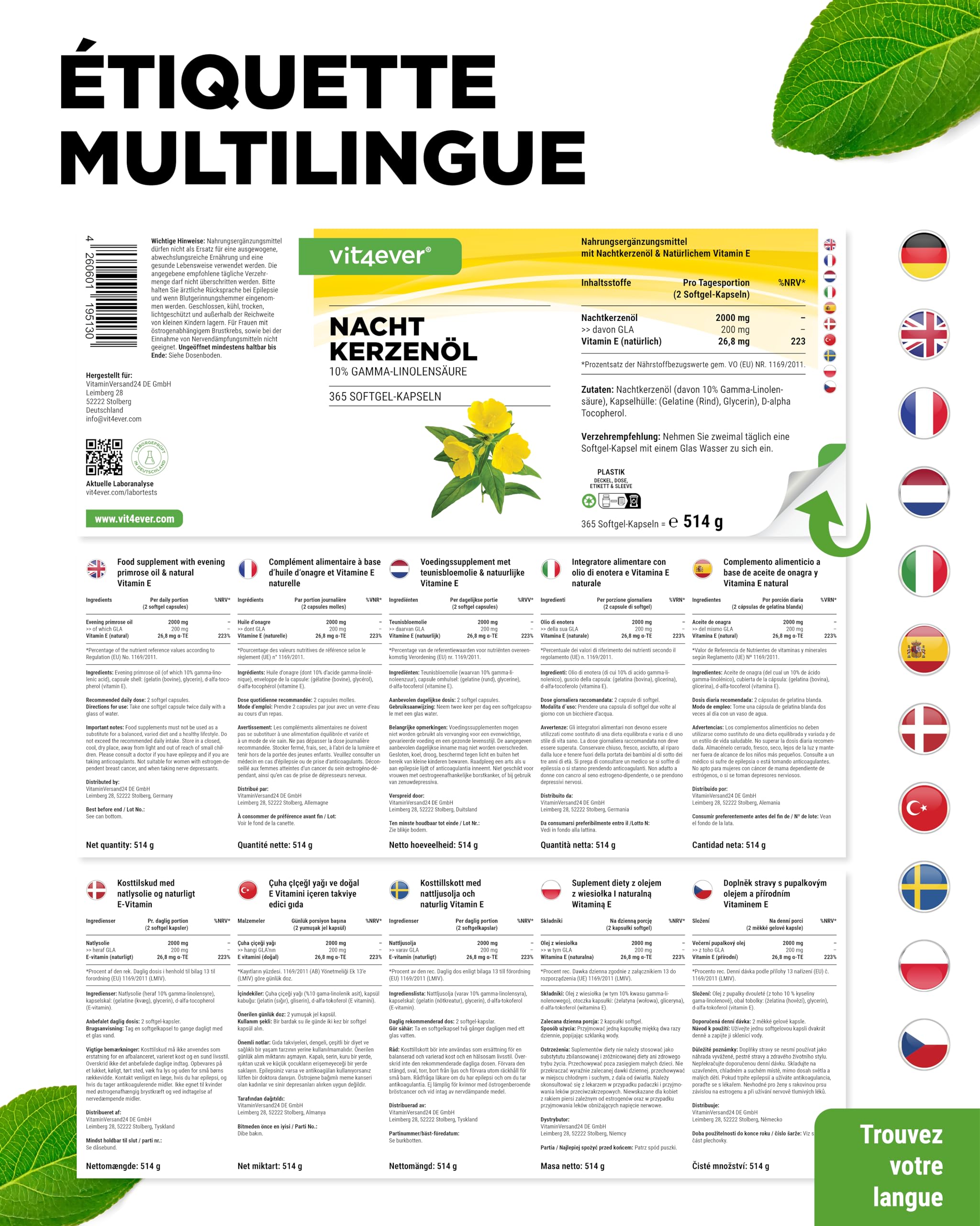 Huile d'Onagre - 365 Capsules - Fortement Dosée avec 2000 mg par Dose Journalière - Premium : 10% d'Acide Gamma-Linolénique GLA, avec Vitamine E Naturelle & Pressée à Froid