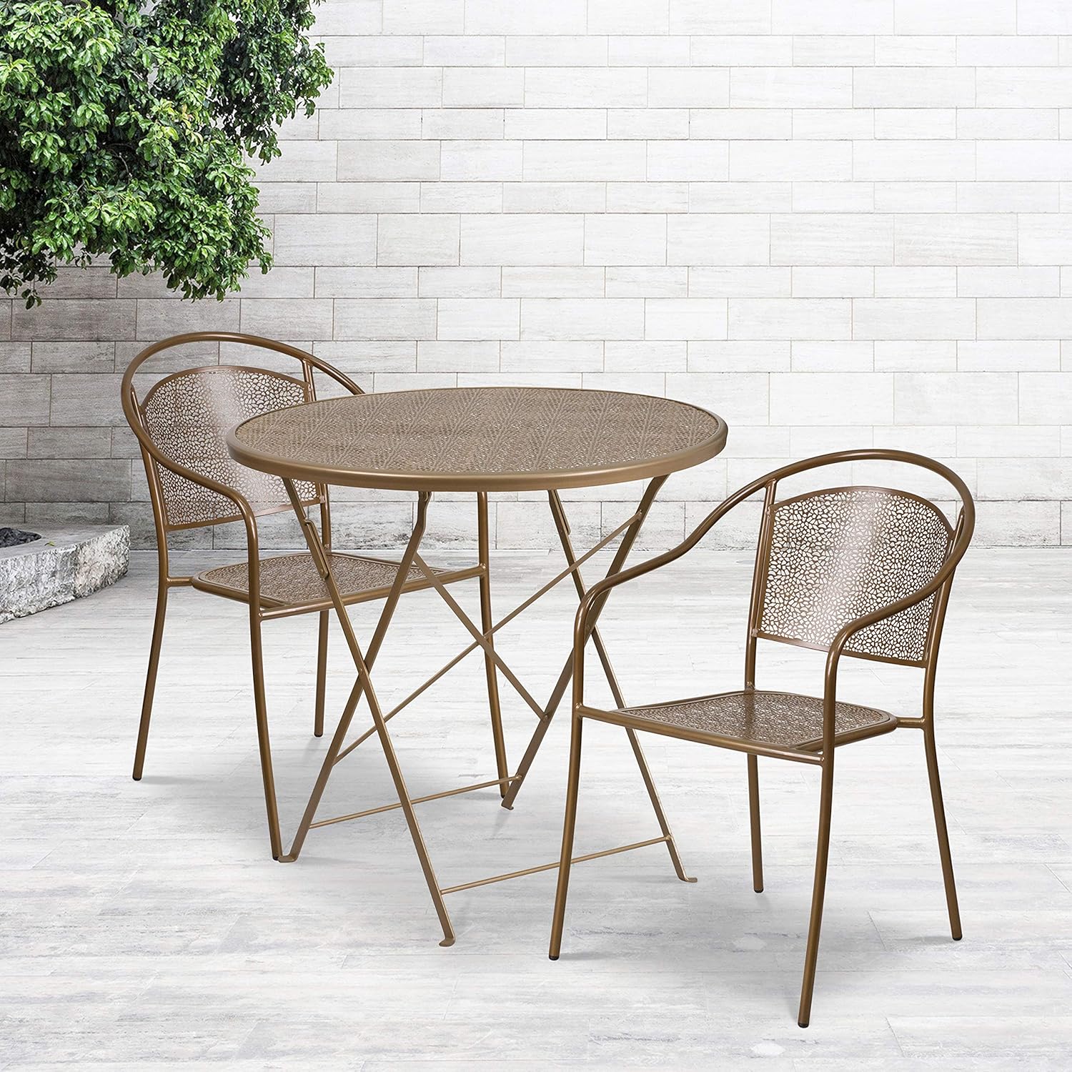 EMMA + OLIVER Commercial Grade 30 Round Gold Folding Patio Table Set-2 Round Back Chairs