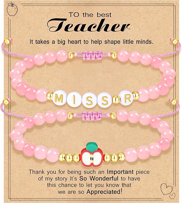 Teacher Appreciation Bracelet Gifts for Women Initial Beaded Bracelets Back to School Thank You Teacher Gifts 2pcs Link Bracelet New Teacher Graduation Gift Birthday Retirement Teachers' Day Jewelry