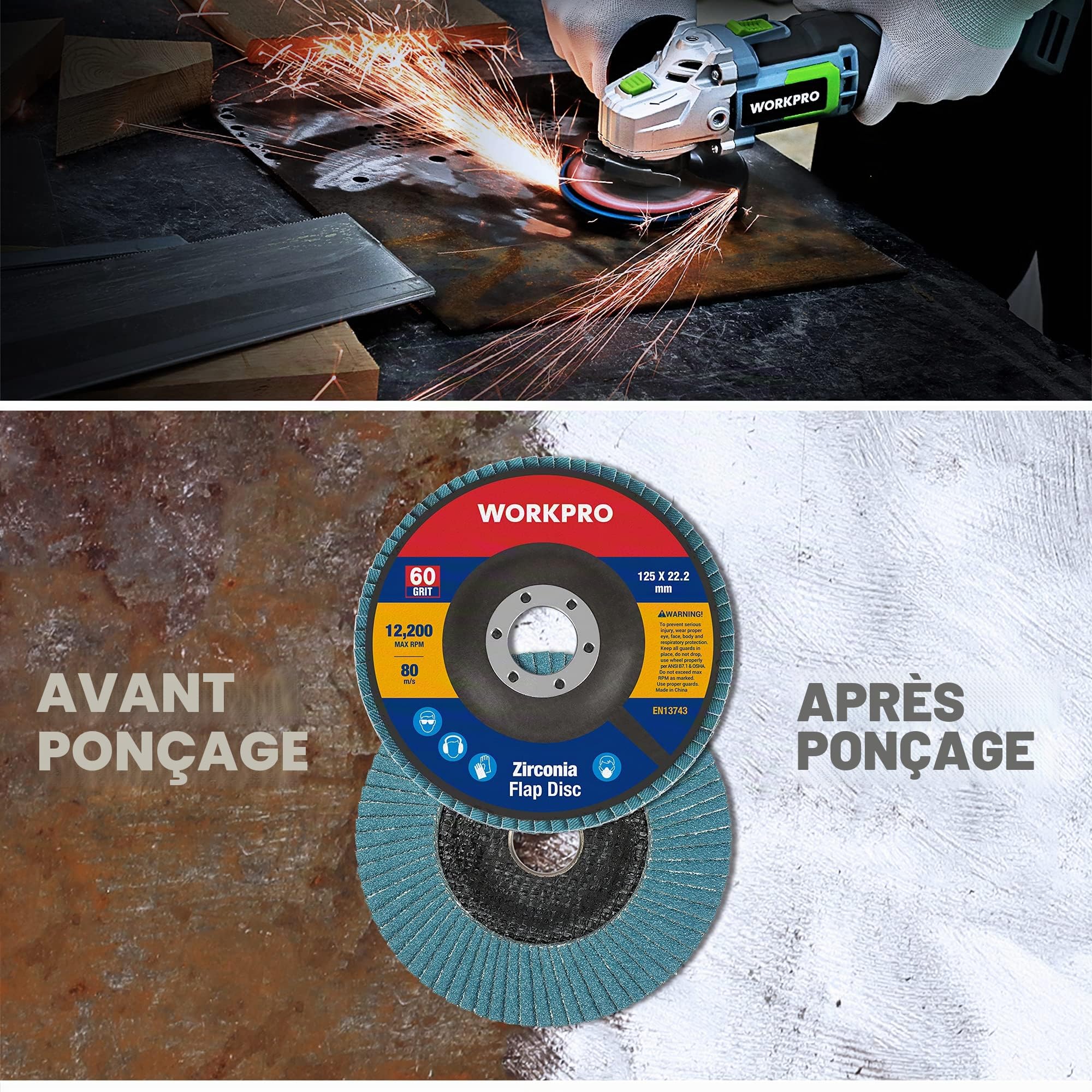 WORKPRO Lot de 10 Disques Abrasifs à Lamelles 125 mm, Grain 60, Disque à Meuler en Alumine de Qualité Supérieure pour Enlever Ebavure, Rouille, Polissage, Finition