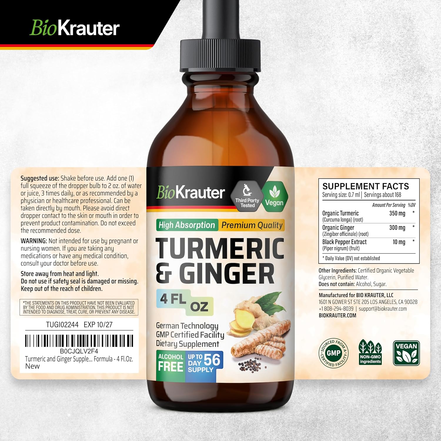BIO KRAUTER® Turmeric and Ginger Supplement - Pure Vegan Liquid Turmeric & Ginger Tincture with Pepper 4 Fl.Oz 56 Days of Supply - Curcumin Drops for Joint Support, Antioxidant & Immune Support - Image 8