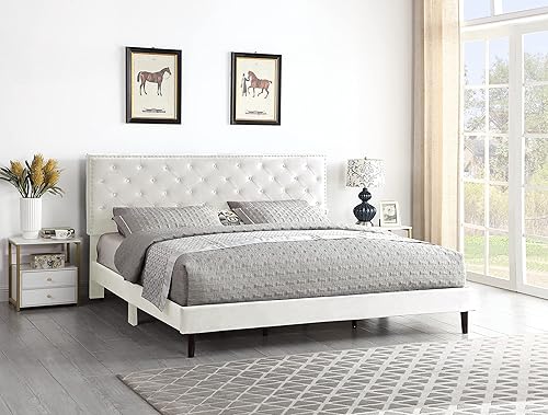 Miniatura 17 de Base de cama de plataforma tapizada completa con cabecero ajustable de 48 pulgadas de alto, cama de terciopelo de gamuza copetuda con botones,