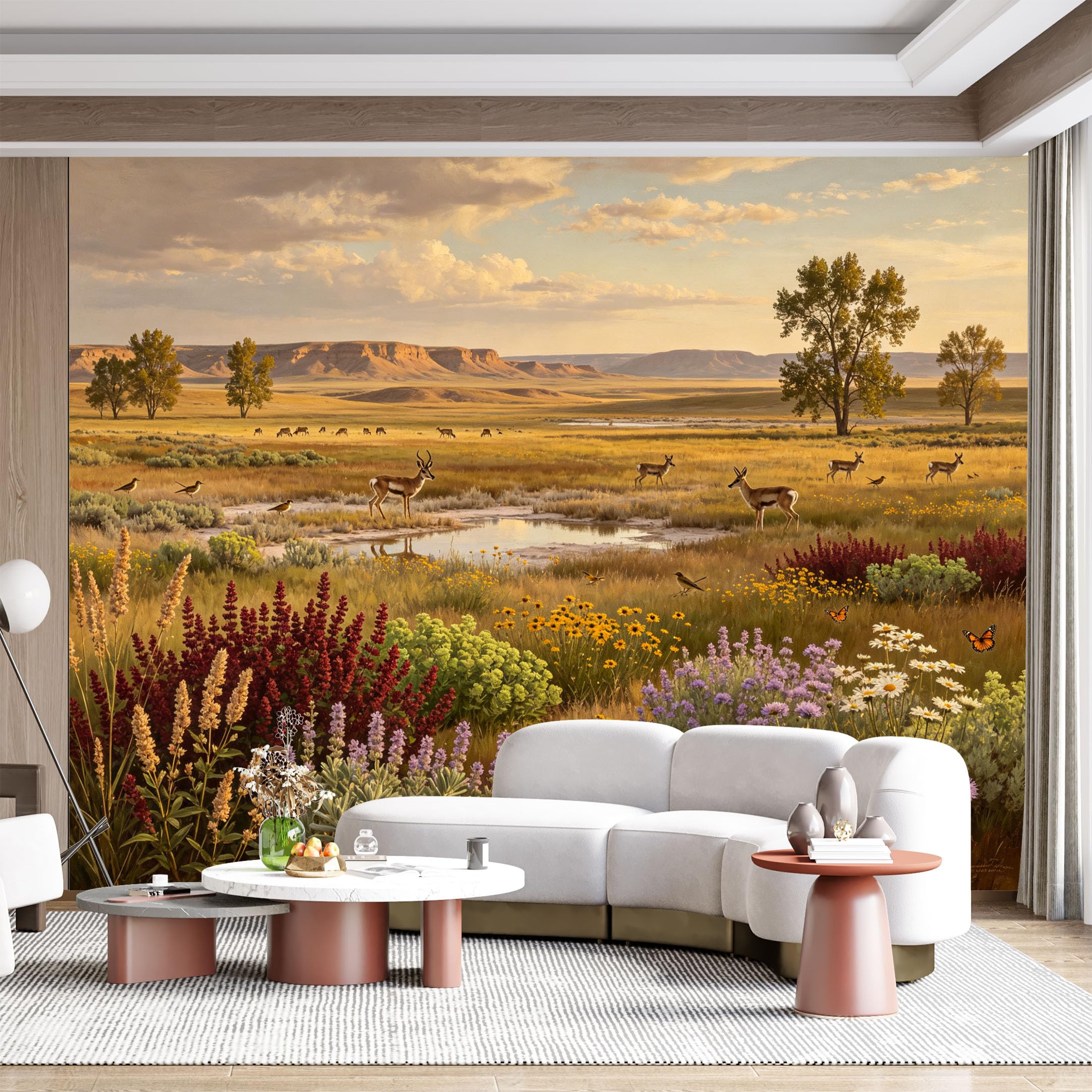 Custom Size Wall Mural Prairie Wildlife Landscape Nature Painting SelfAdhesive Wall Fabric Removable for Home Office Decor