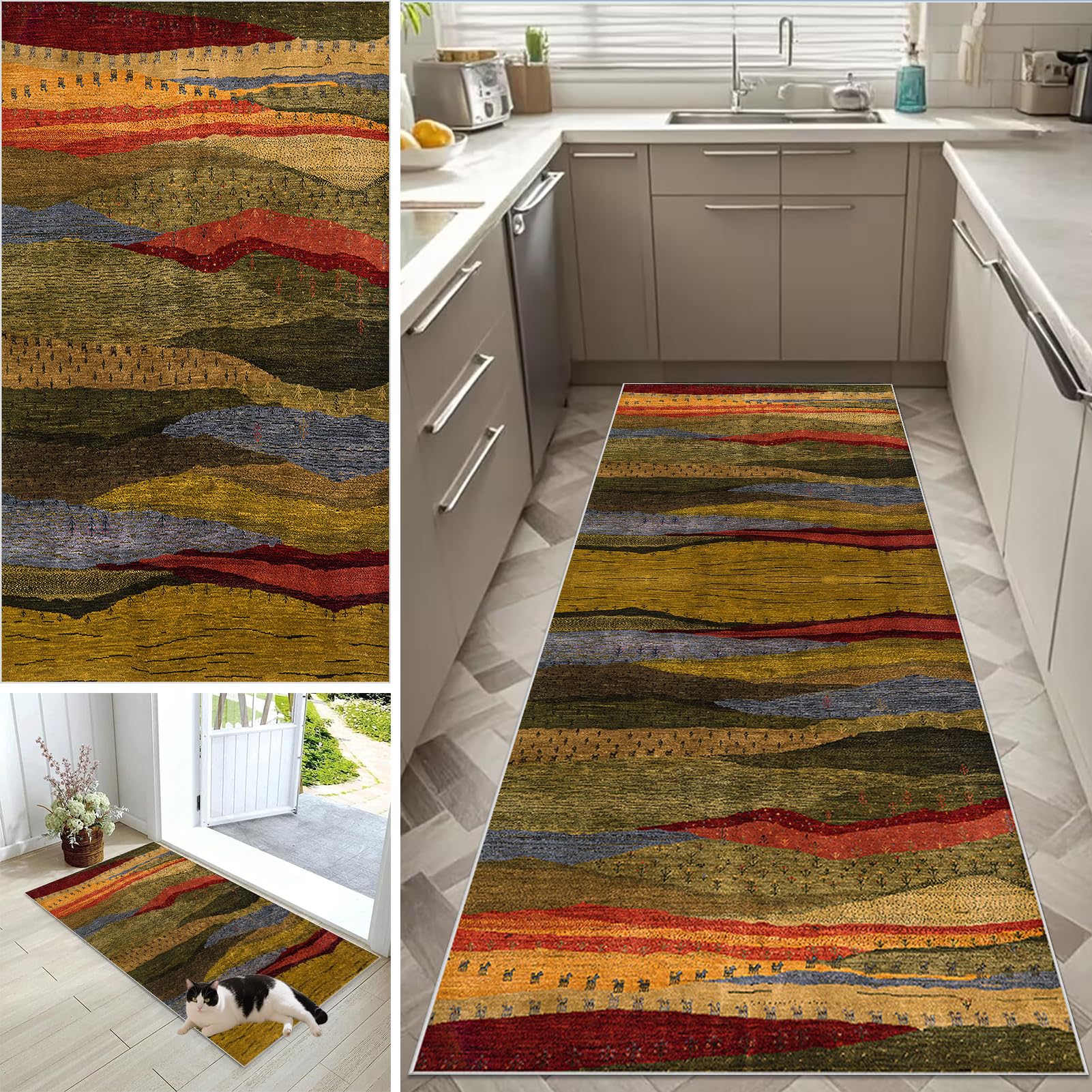Teppich Läufer Flur 70 x 200 cm Küche Teppiche rutschfest Waschbar Langen flurteppiche fußmatten für den Innenbereich meterware Teppichläufer Küchenläufer für Flur Waschküche Schlafzimmer