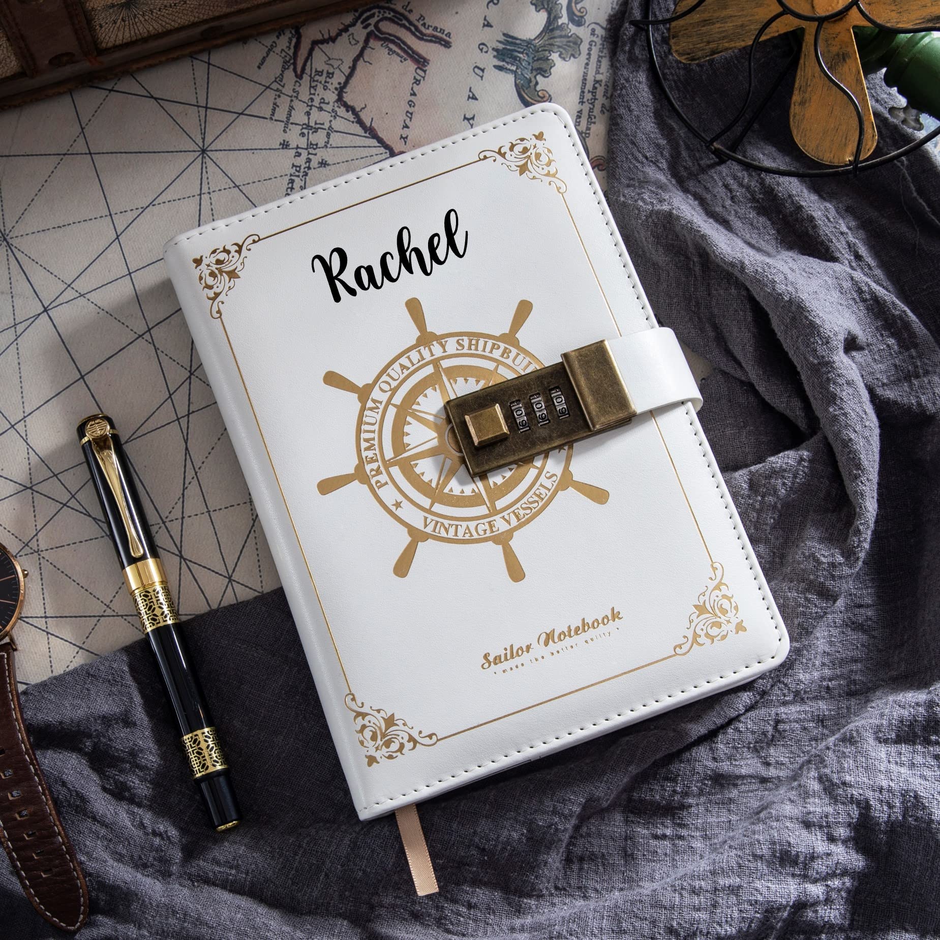 Poshieca Personalized Lockable Diary for Women – Vintage Refillable Journal with Lock, Embossed Cover, 240 Pages, 5.5 x 7.9 Inch (White with Name)