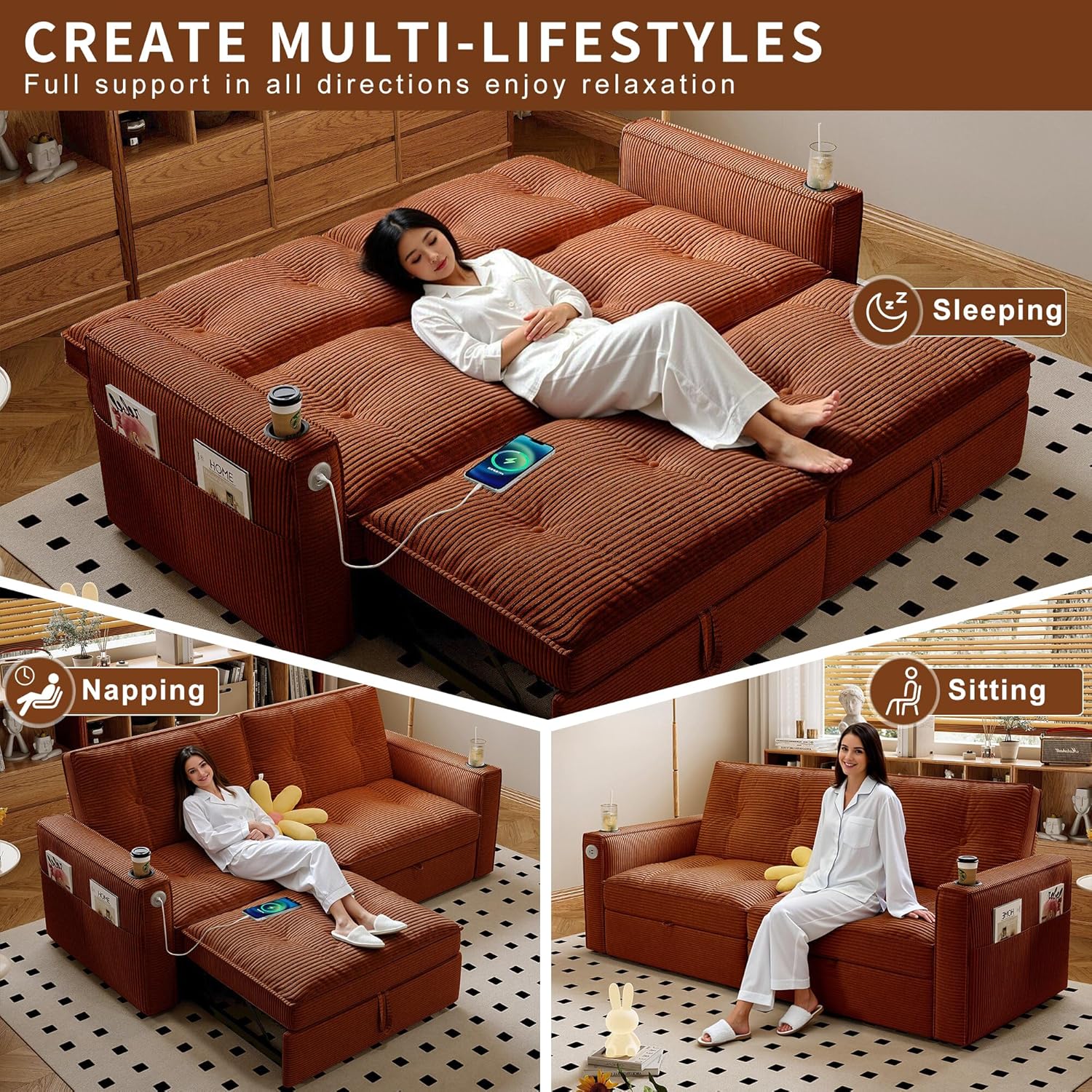 73.2'' Futon Sofa Bed Full, Pre-assembled Pull Out Couch, Adjustable Backrest, Corduroy Convertible Sleeper Sofa, 2 Cup Holders, Pockets, USB, Loveseat for Living Room, Apartment, Burnt Orange | Soft Material, Storage Bag, Chaise Lounge