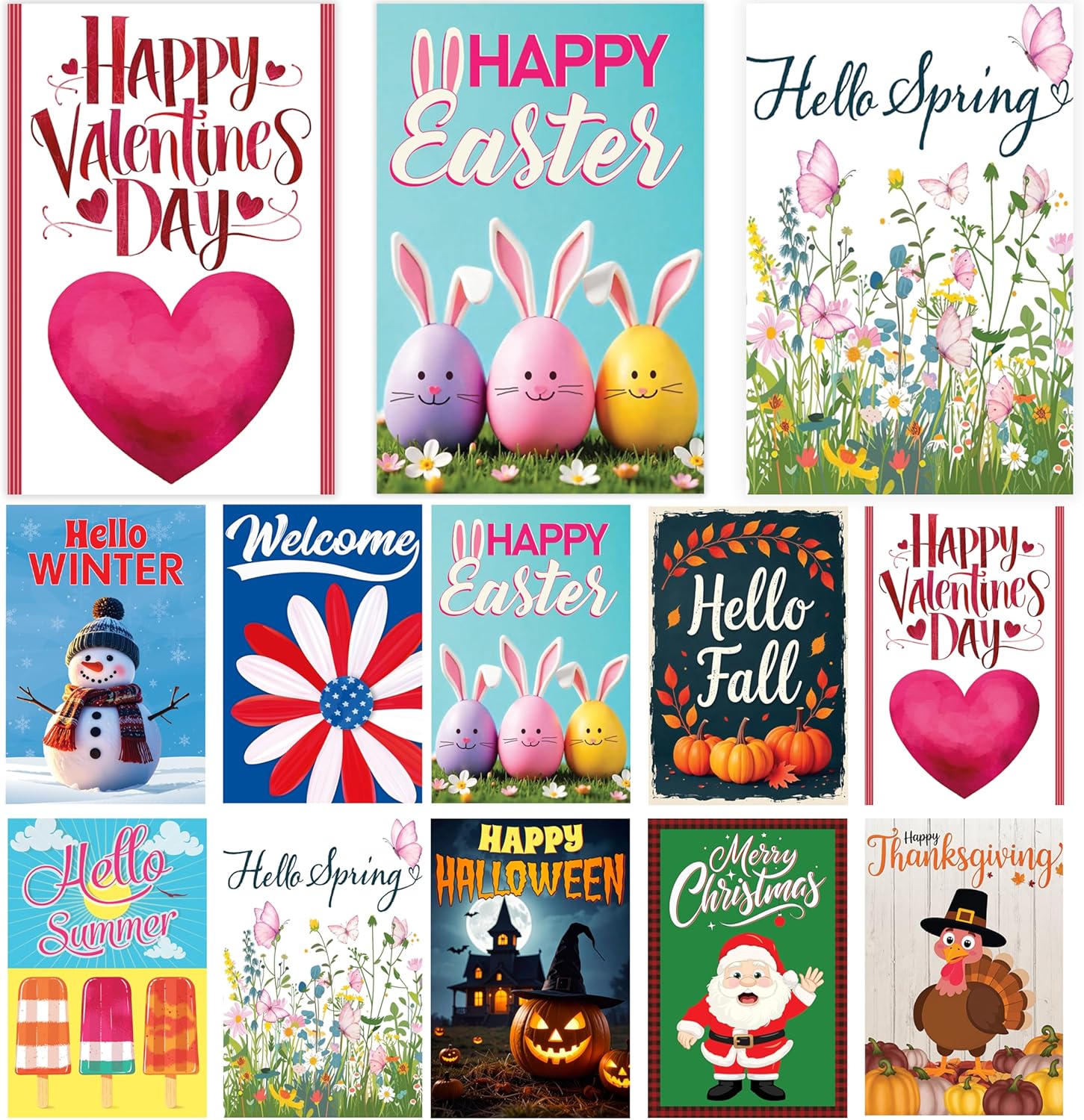VAPARA DESIGNS Set of 10 Seasonal Garden Flags - 12"x18" Double Sided Garden Flags for Outside - Winter, Summer, Fall, Spring, Halloween, Christmas, Easter, Thanksgiving, Valentines Day, 4th of July