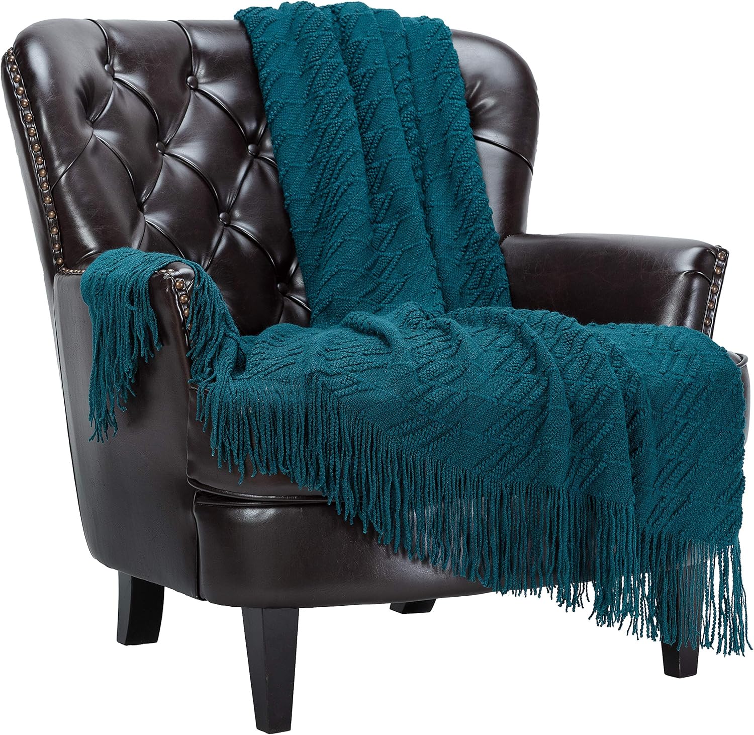 Chanasya Teal Throw Blanket with Tassels Acrylic Knitted
