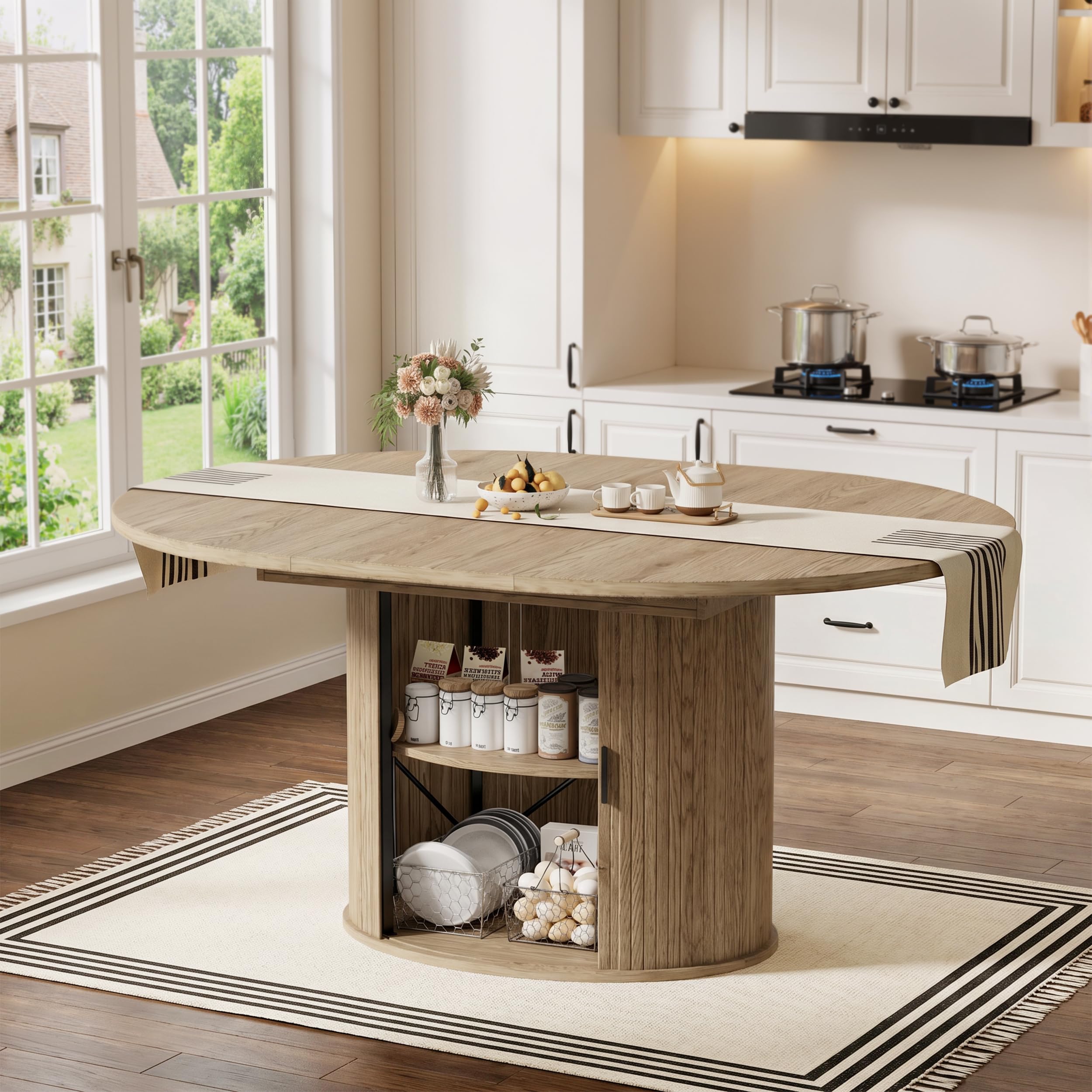MSFE Esstisch Ausziehbar mit Verstecktem Stauraum Runder Esstisch für 4-8 Personen Moderne Esszimmertisch aus Holz mit 2-lagigem Lagerregal und Schiebetür für Esszimmer Wohnzimmer 110-150x110x75CM