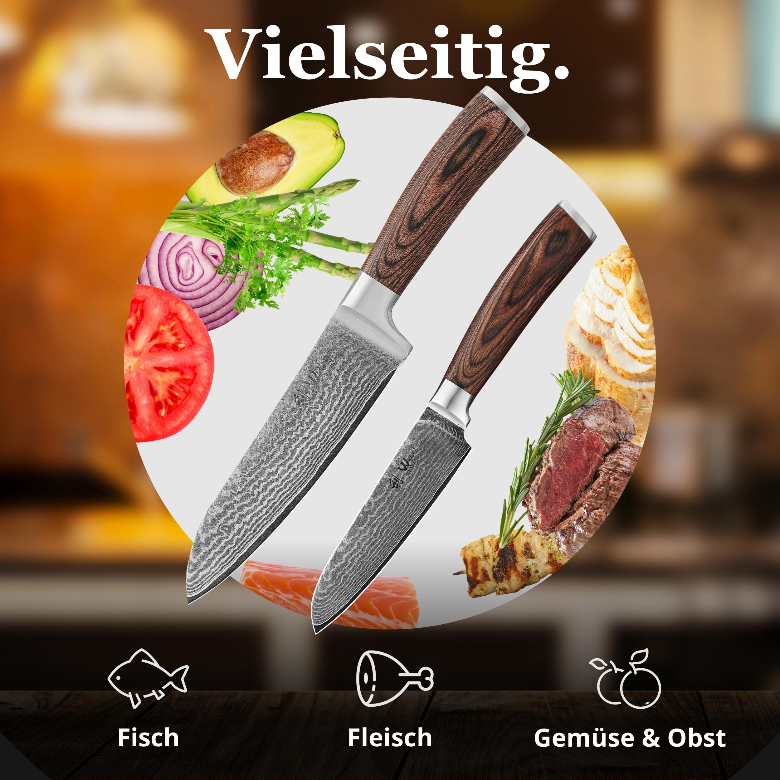 Wakoli EDIB 2-teiliges Küchenmesser Set aus echtem Damaststahl (VG10 Kern) in edler Geschenkbox – mit 2x Santoku Messer – Scharfe Damastmesser im Damastmesser Set mit ergonomischen Pakkaholzgriffen