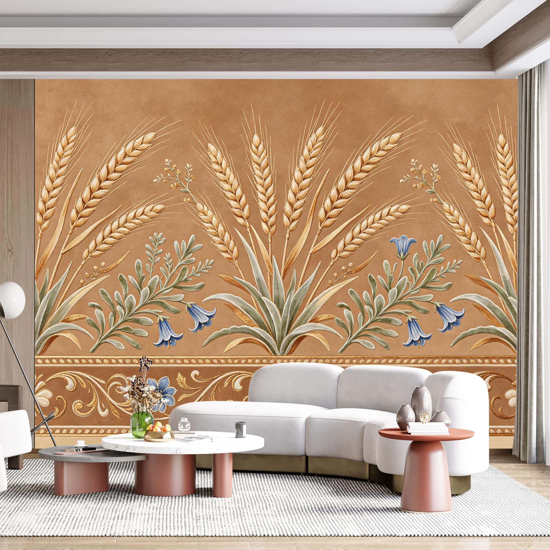 Custom Size Wall Mural Wheat Fields Botanical Floral Watercolor Art Nouveau SelfAdhesive Wall Fabric Removable for Home Office Decor