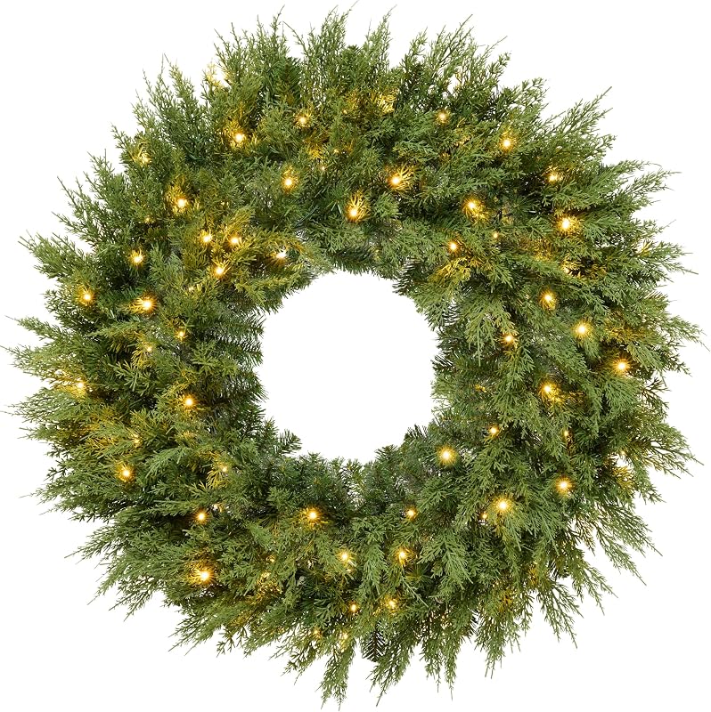 Best Choice Products Corona navideña de ciprés de cedro preiluminada con LED parpadeantes, decoración navideña realista grande para interiores y exteriores de 30 pulgadas para puerta, enchufable