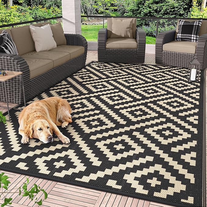 GENIMO Tapis d'extérieur 5'x8' imperméable et réversible pour patio, VR, balcon (noir/beige)