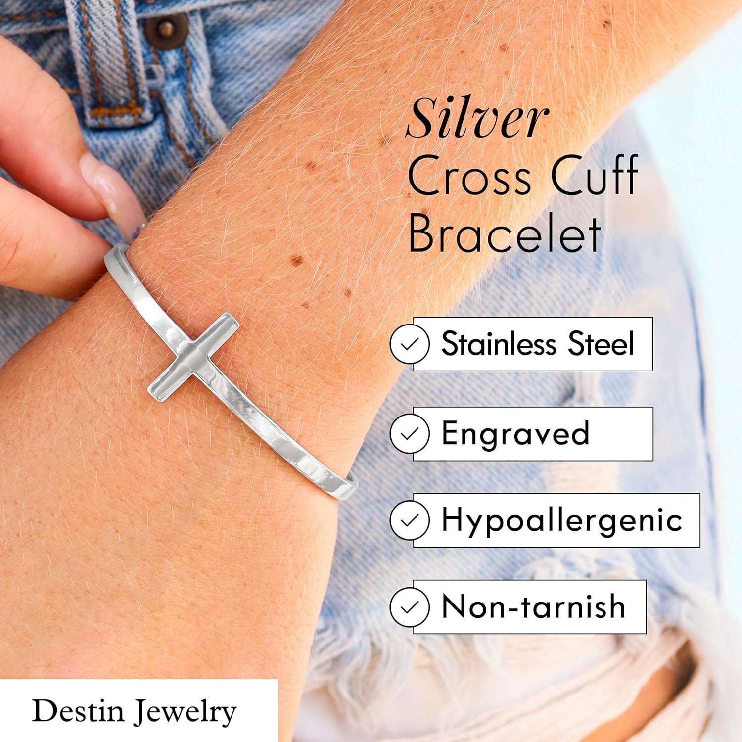 Stainless Steel Cross Cuff Bracelet with Philippians 4:13 Engraving, Inspirational Christian Jewelry for Men & Women, 18K Gold or Silver Finish, Waterproof, Unisex - Image 2