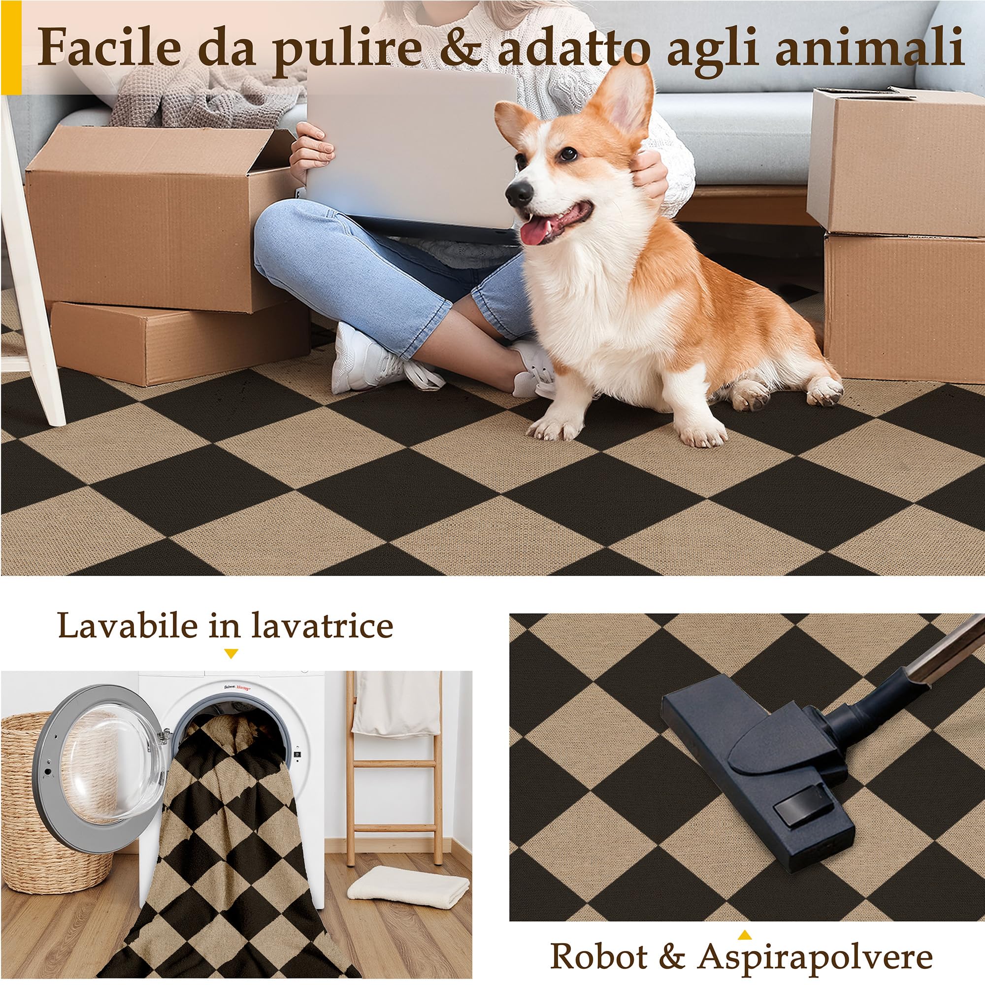 PureCozy Tappeto da Esterno Salotto 140x200cm Lavabile Antiscivolo Tapette Marrone Nero Tappeti Juta Simil Carpet Camera da Letto Giardino Balcone Terrazza Impermeabile Rug