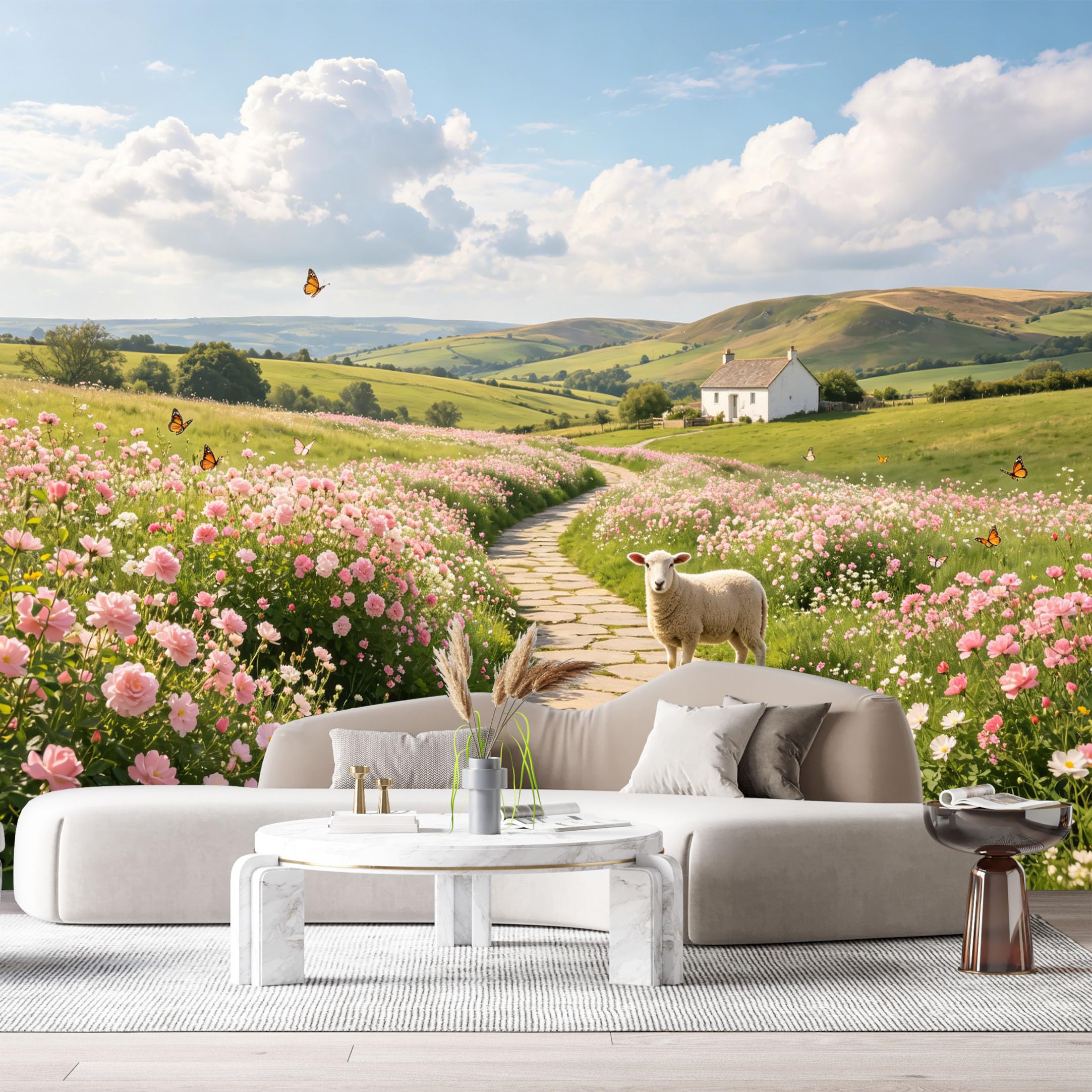 Custom Size Wall Murals Farmhouse American Country Style Sheep Path Flowers Butterflies SelfAdhesive Wall Fabric Removable Large Wallpaper for Photo Living Room