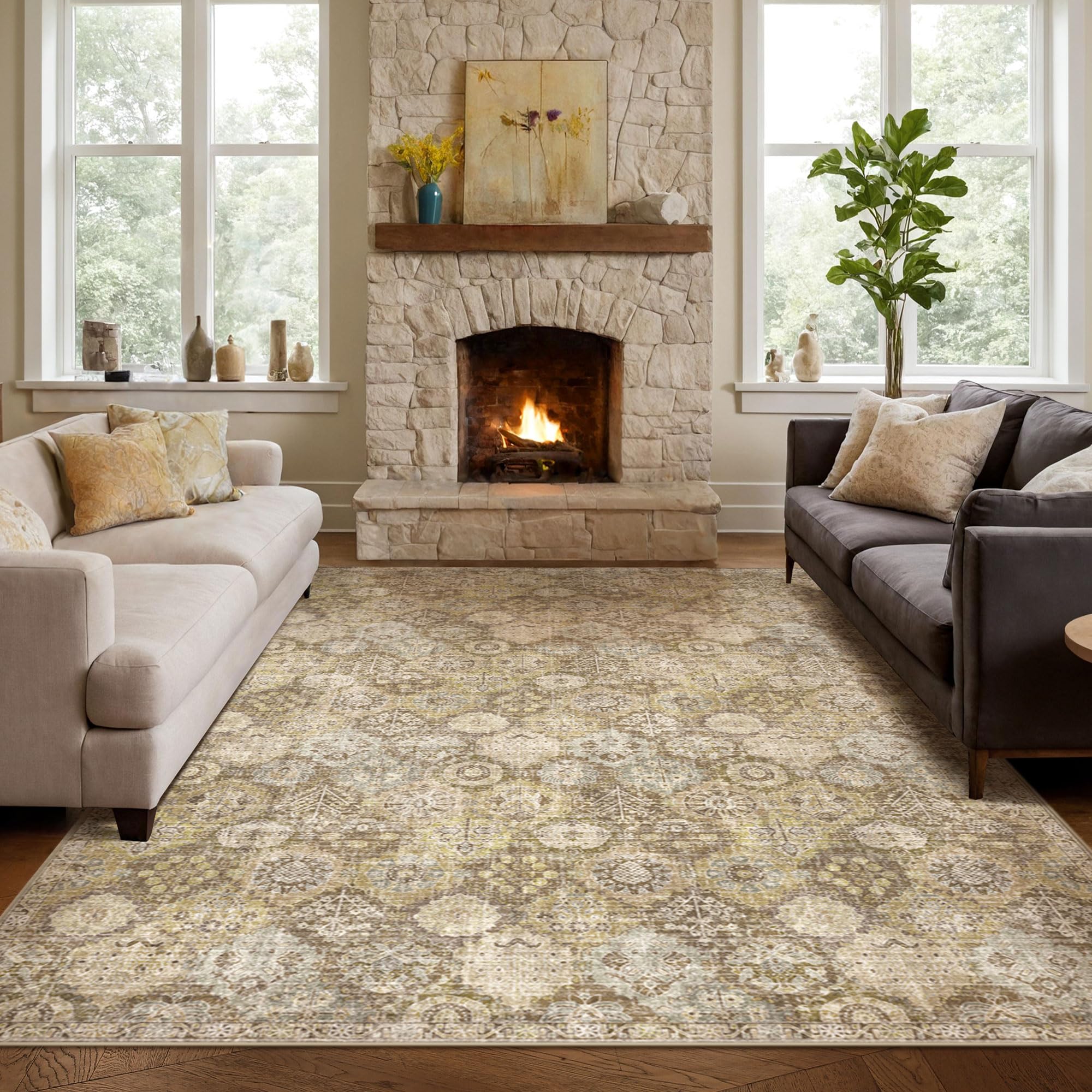 Kokia Moroccan 8x10 Area Rugs, Oriental Rug for Living Room, Non Slip Foldable Washable Hobo Rugs Non Shedding Accent Rugs for Bedroom Dining Room