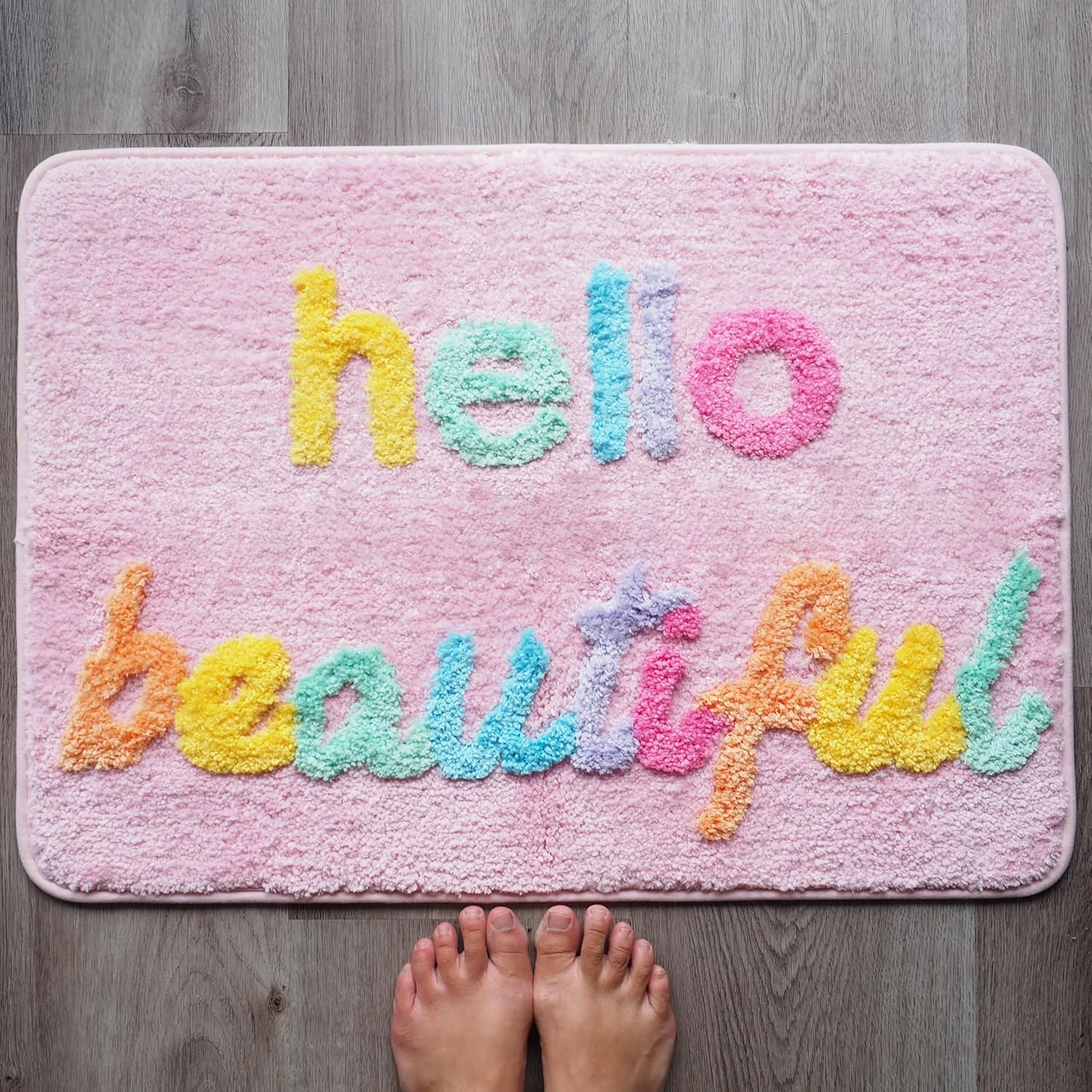 Evovee Hello Beautiful Bath Mat Cute Bathroom Rugs for Girls You Look Good Gorgeous Funny Shower Fun Bathroom Decor Non-Slip Washable Kids Women Light Pink Rainbow Colorful
