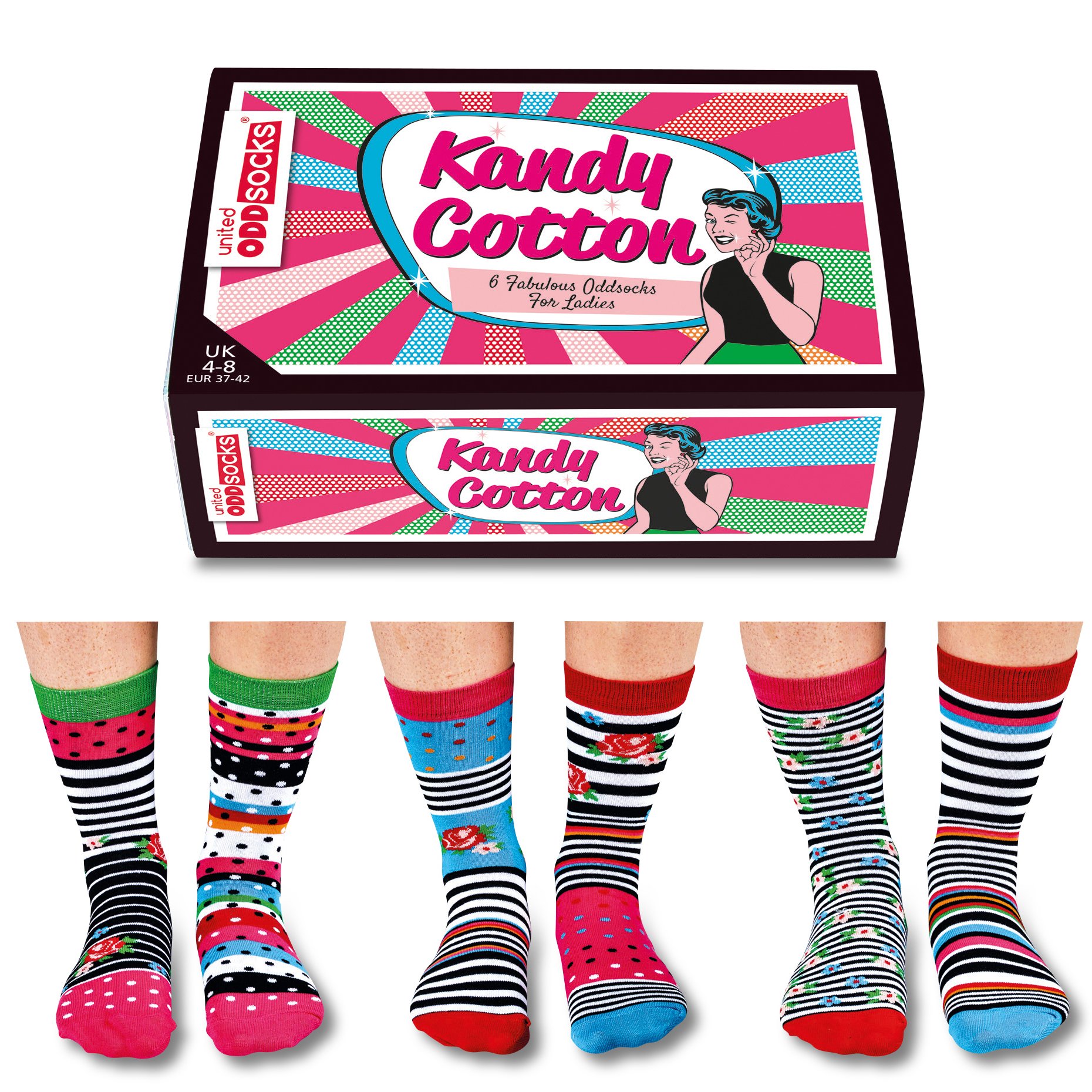 United Oddsocks Women's Mixed - Box Of 6 Oddsocks - Kandy Cotton Uk 4-8 Eur 37-42 Us 6.5-10.5