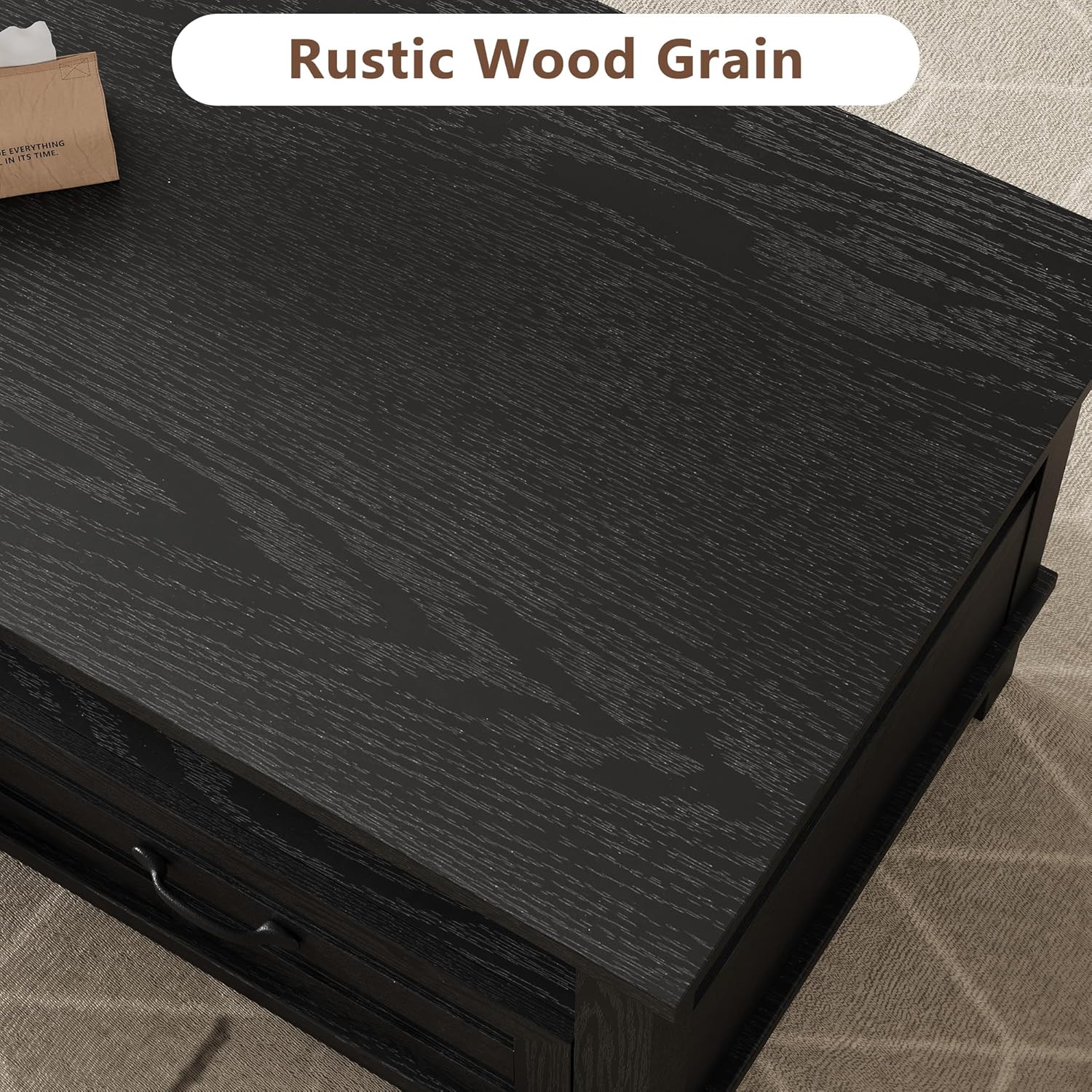 GarveeHome Farmhouse Coffee Table with Drawers, 47.2 in Center Table Rustic Coffee Tables Black Living Room Table, with Open Shelf and 6 Support Legs