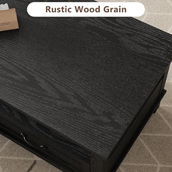 GarveeHome Farmhouse Coffee Table with Drawers, 47.2 in Center Table Rustic Coffee Tables Black Living Room Table, with Open Shelf and 6 Support Legs