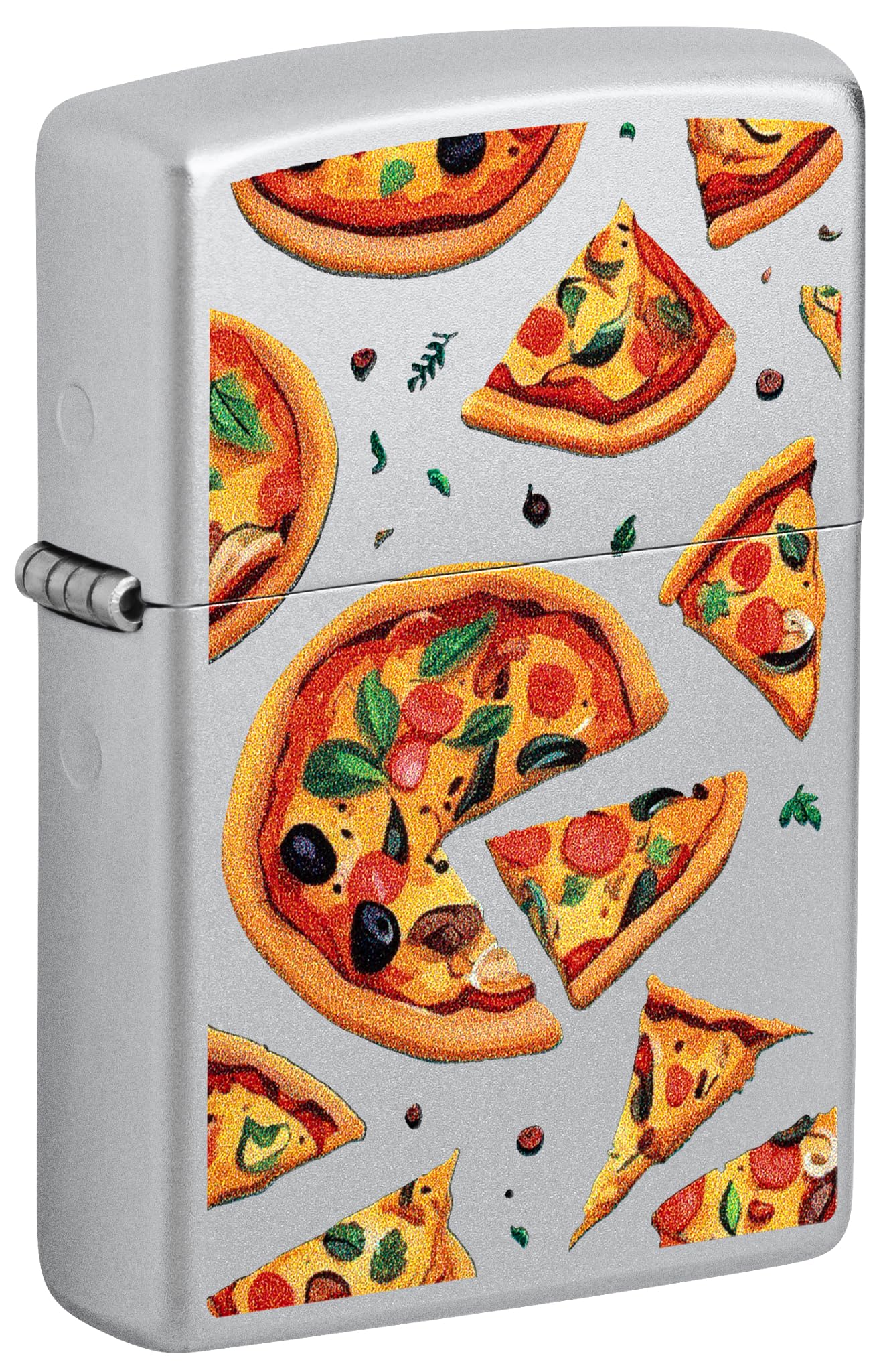 Zippo Windproof Lighter - Pizza, Satin Chrome, Colour Image - Refillable - Reusable - Windproof Design - Gift Box - Made in USA