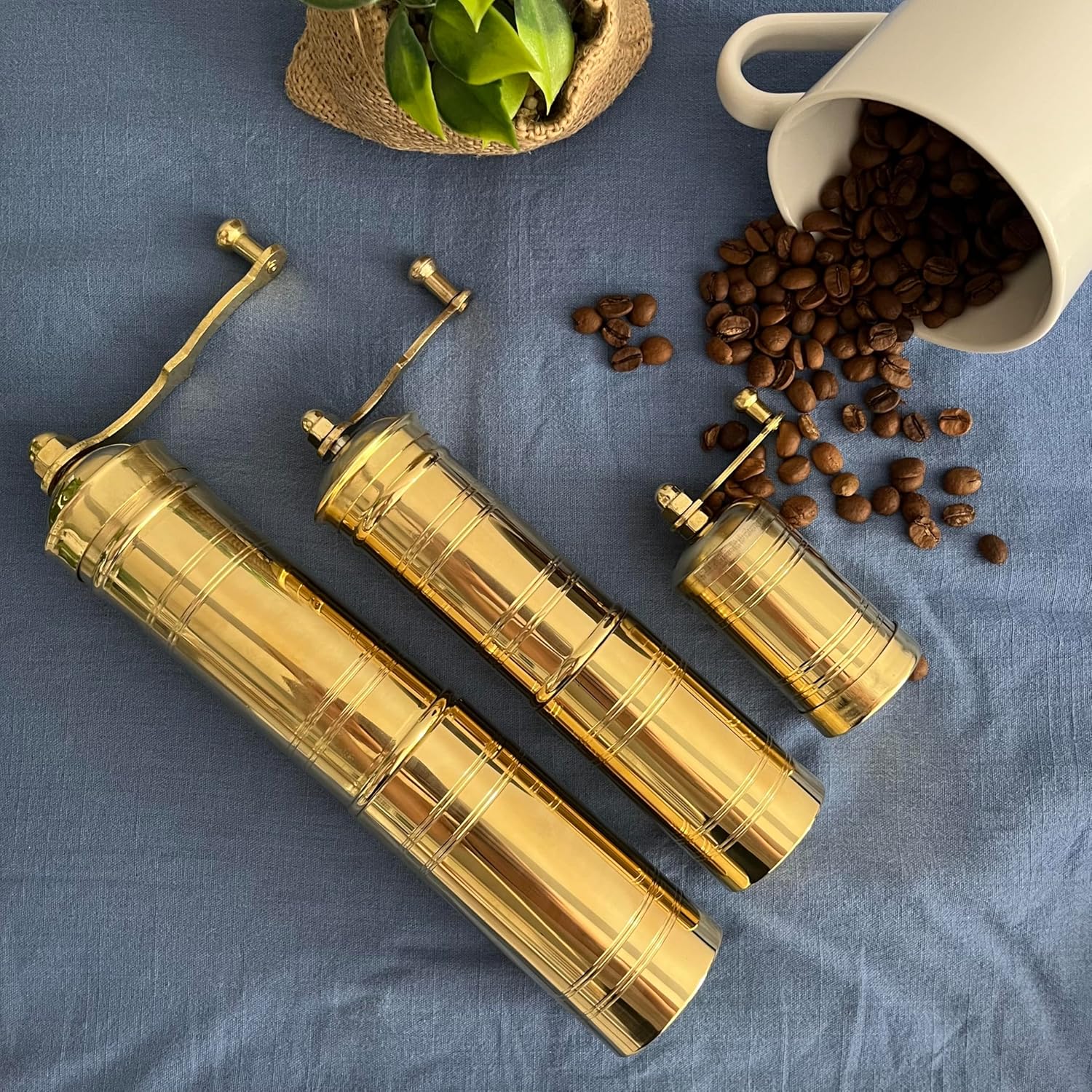 Set of Three Turkish Manual Coffee Grinders, Brass Coffee Mill with Handle, Fixed Top Pepper Grinder, Kitchen Decor